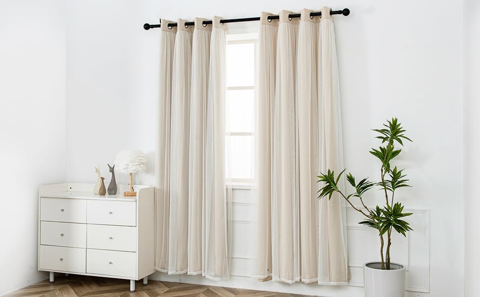 INLINAS Beige Blackout Curtains with Sheer Overlay - Grommet Top Thermal and Noise Reduction Panels for Bedroom and Living Room Light Blocking and Energy Saving, 52 x 84 Inches, Set of 2