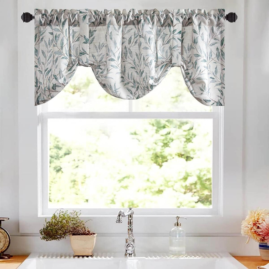 VOGOL Tie-up Valance for Kitchen Windows Tie Up Curtains for Windows Blue Leaf Print Adjustable Balloon Shades Rod Pocket Curtain Panels Valances for Cafe, 52x18, One Piece