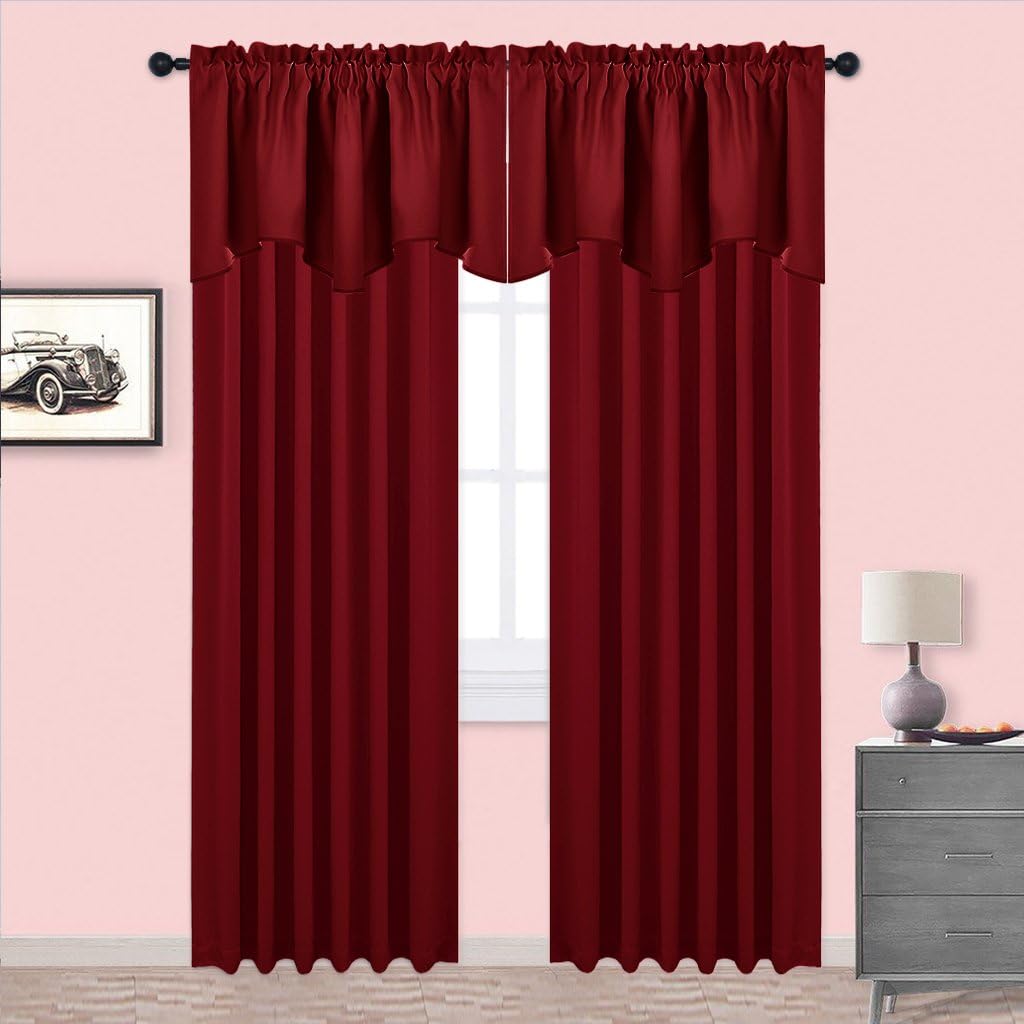 NICETOWN Burgundy Red Blackout Valances, Thermal Insulated Elegant W52 x L18 Scalloped Rod Pocket Curtains Small Window Treatment Tiers Home Decor Panels for Office/Living Room/Christmas, 2 Pairs