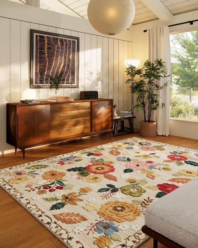 8x10 Area Rugs for Living Room: Washable Rug Stain Resistant Distressed Vintage Floral Rug Non Slip Low Pile Faux Wool Soft Large Area Rugs for Bedroom Bedside Farmhouse Dining Room Kids Nursery