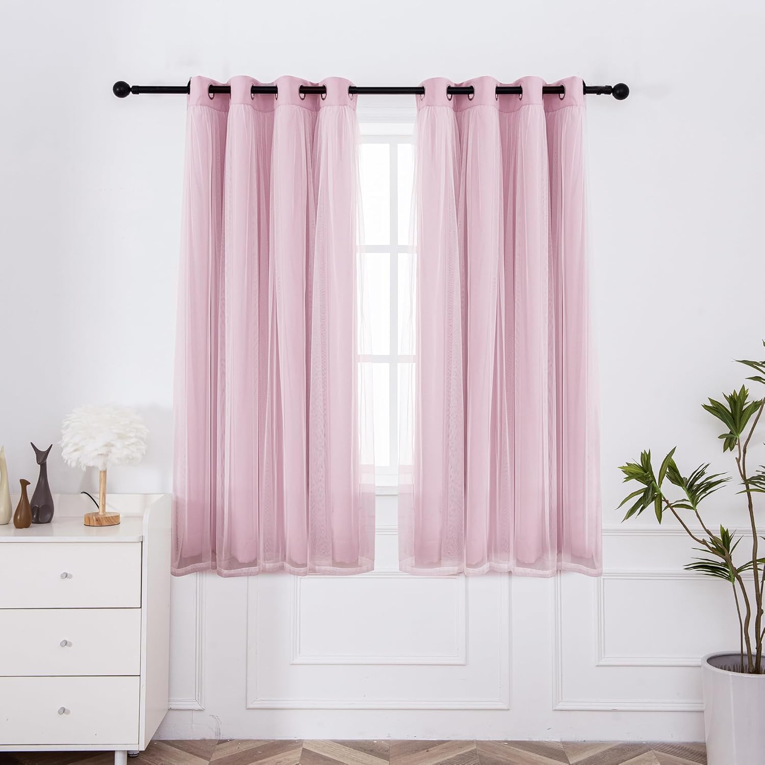 INLINAS Beige Blackout Curtains with Sheer Overlay - Grommet Top Thermal and Noise Reduction Panels for Bedroom and Living Room Light Blocking and Energy Saving, 52 x 84 Inches, Set of 2