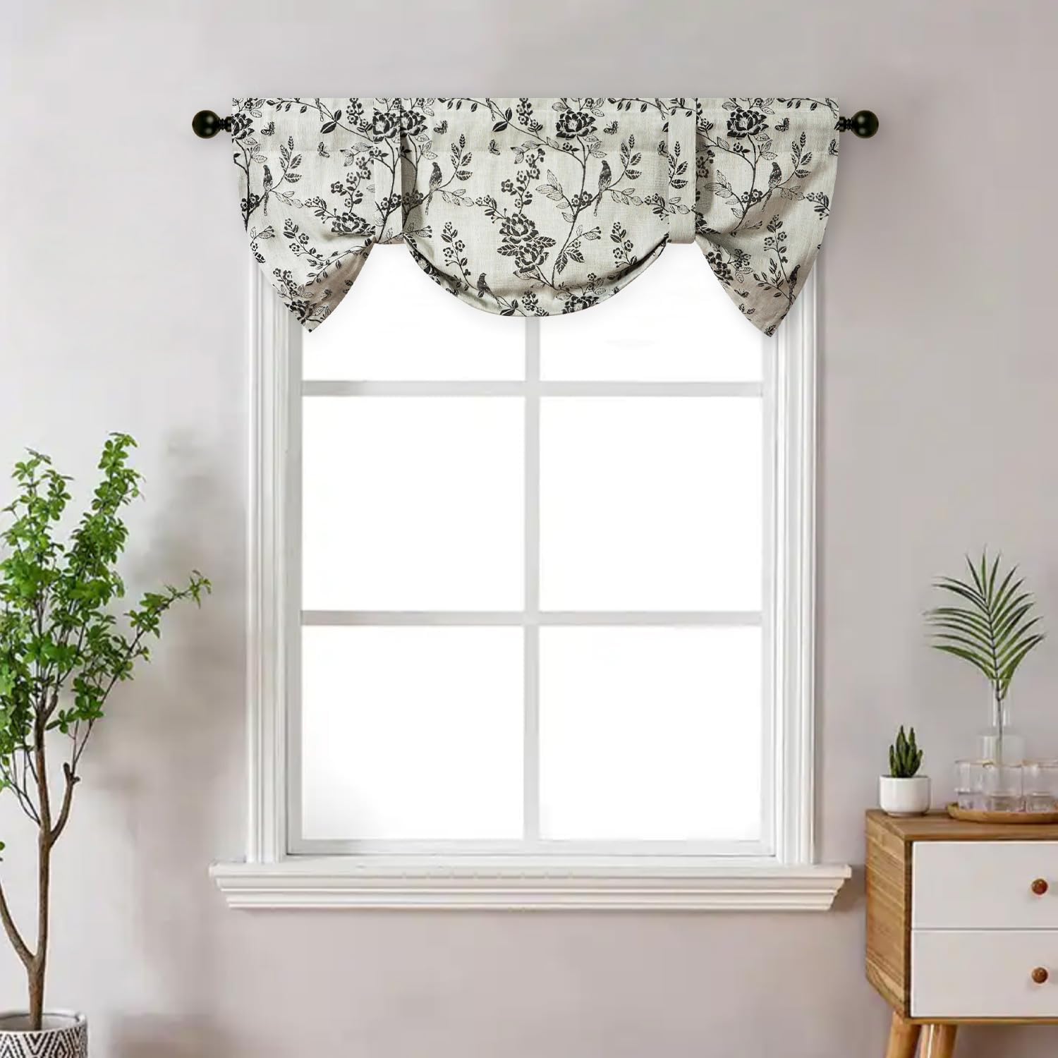 VOGOL Tie-up Valance for Kitchen Windows Tie Up Curtains for Windows Blue Leaf Print Adjustable Balloon Shades Rod Pocket Curtain Panels Valances for Cafe, 52x18, One Piece