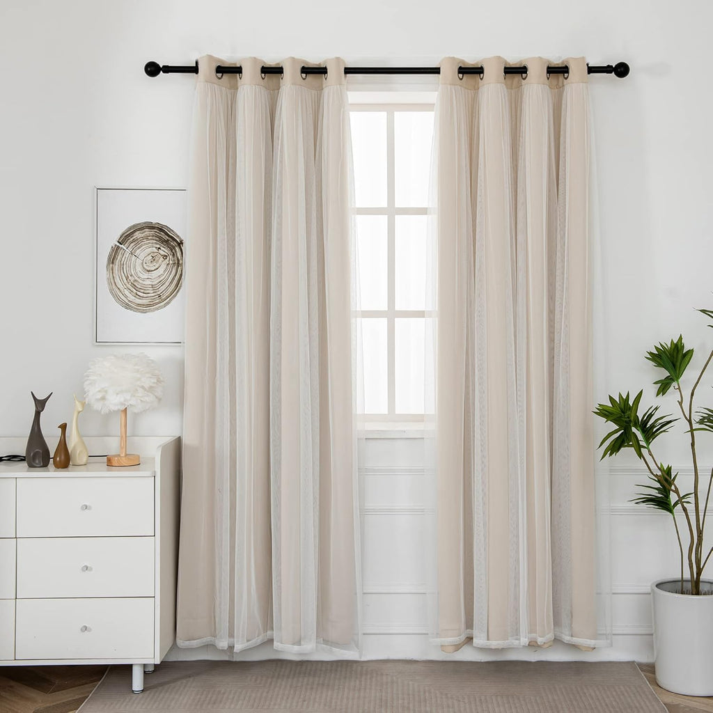 INLINAS Beige Blackout Curtains with Sheer Overlay - Grommet Top Thermal and Noise Reduction Panels for Bedroom and Living Room Light Blocking and Energy Saving, 52 x 84 Inches, Set of 2