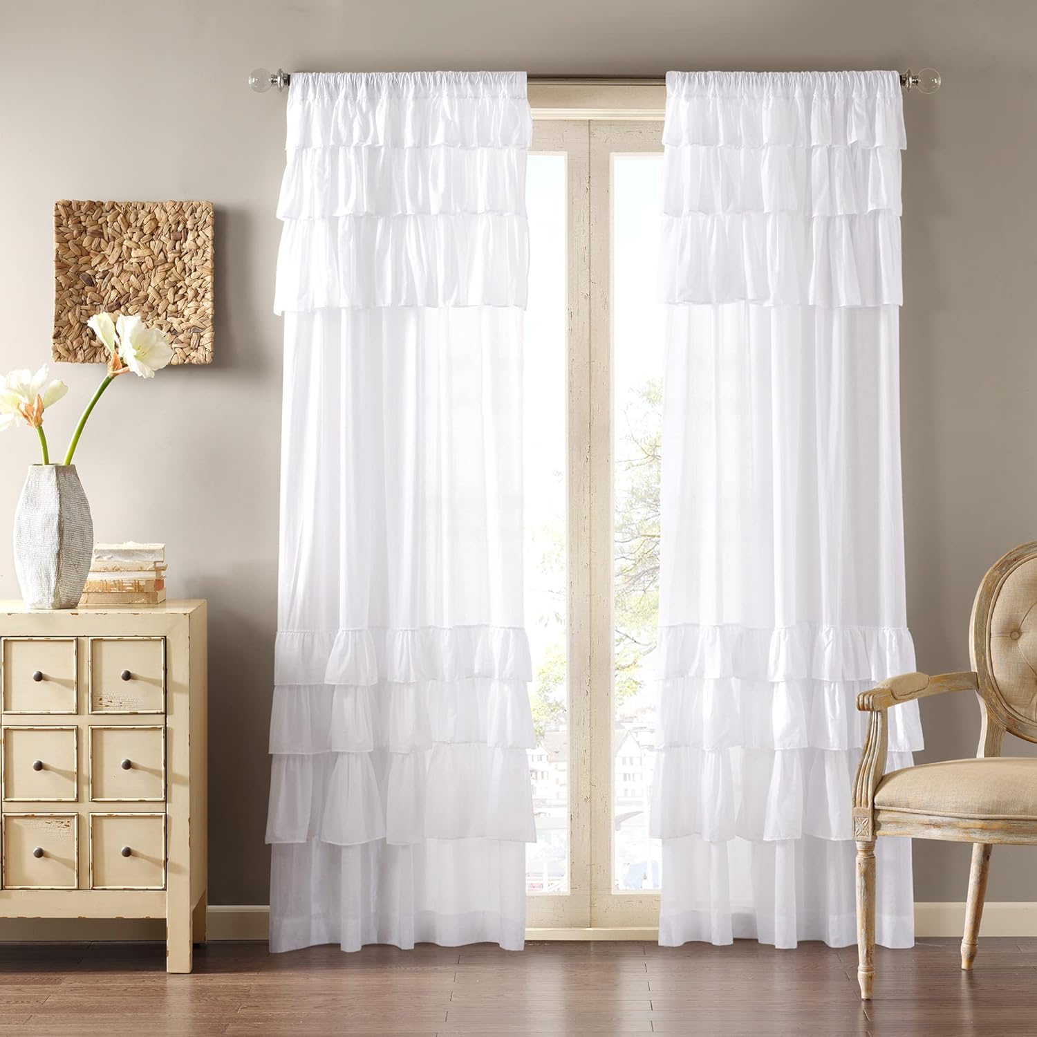 Madison Park Anna Oversized Ruffle Rod Pocket Valance , Classic Vintage Cotton Valances for Window , 50X18" , White