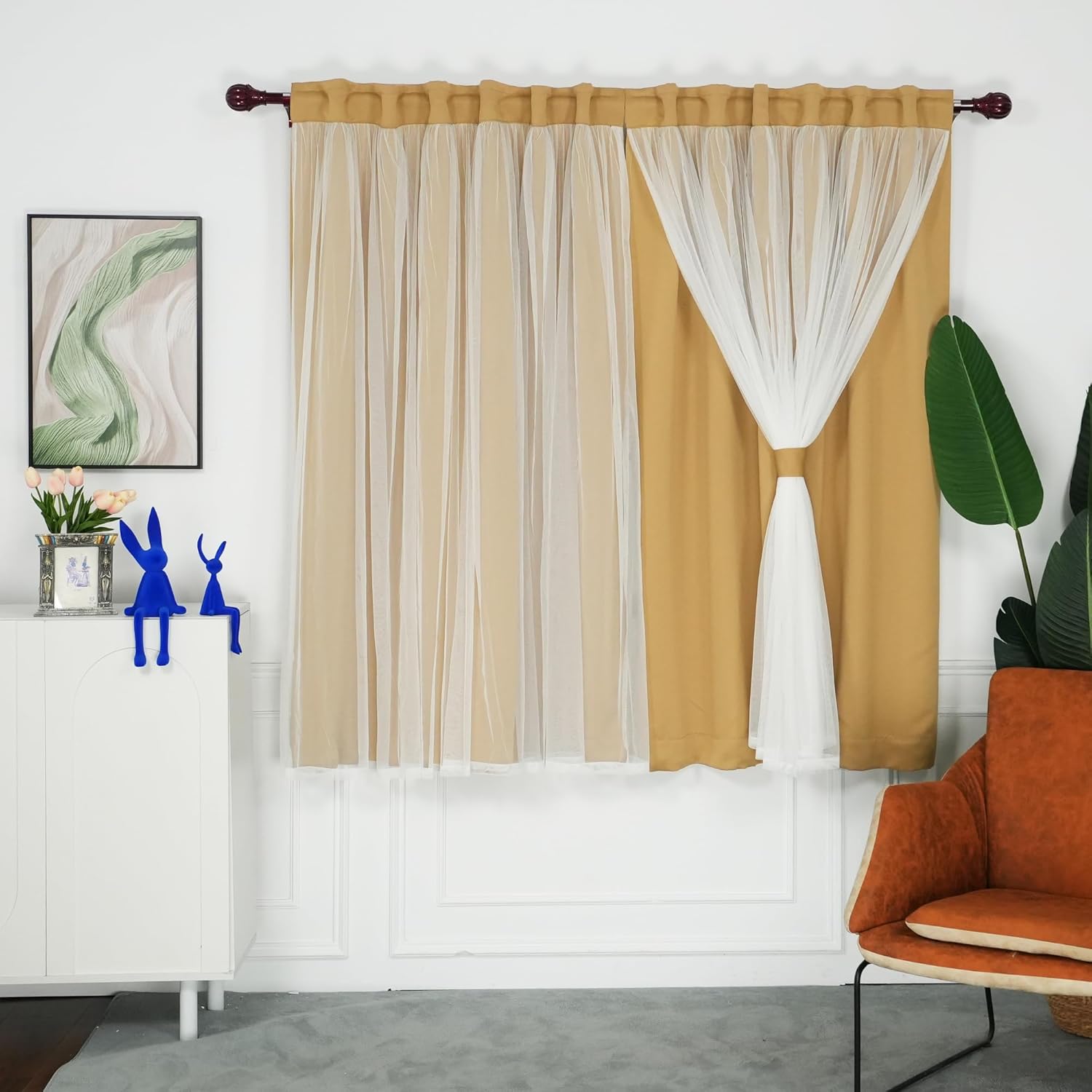 INLINAS Beige Blackout Curtains with Sheer Overlay - Grommet Top Thermal and Noise Reduction Panels for Bedroom and Living Room Light Blocking and Energy Saving, 52 x 84 Inches, Set of 2