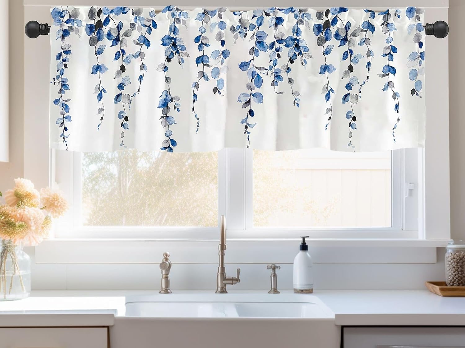 2 Pack Watercolor Blue Leaves Window Valance for Bedroom Living Room, Leaf Vine Plant Curtains Valanes for Windows, 3" Rod Pocket Window Treatment for Season Home Decorations, 54 x 18 Inch, 2 Panel