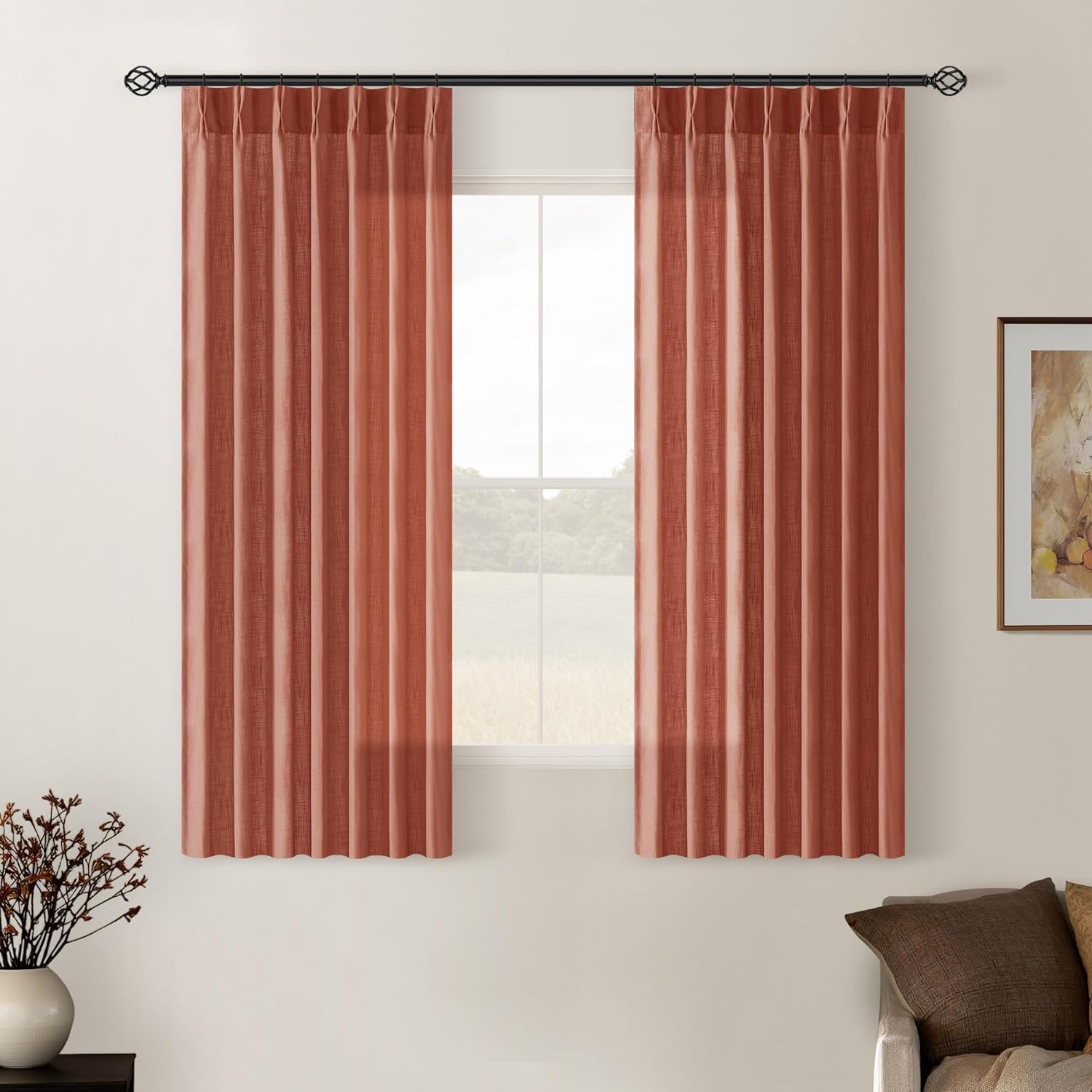 Natural Pinch Pleated Linen Curtains 84 Inch Length 2 Panels for Living Room Bedroom Textured Cream Ivory Birch Semi Sheer Boho Neutral Back Tab Pinch Pleat Hooks Rings Window Curtain 84 Inches Long