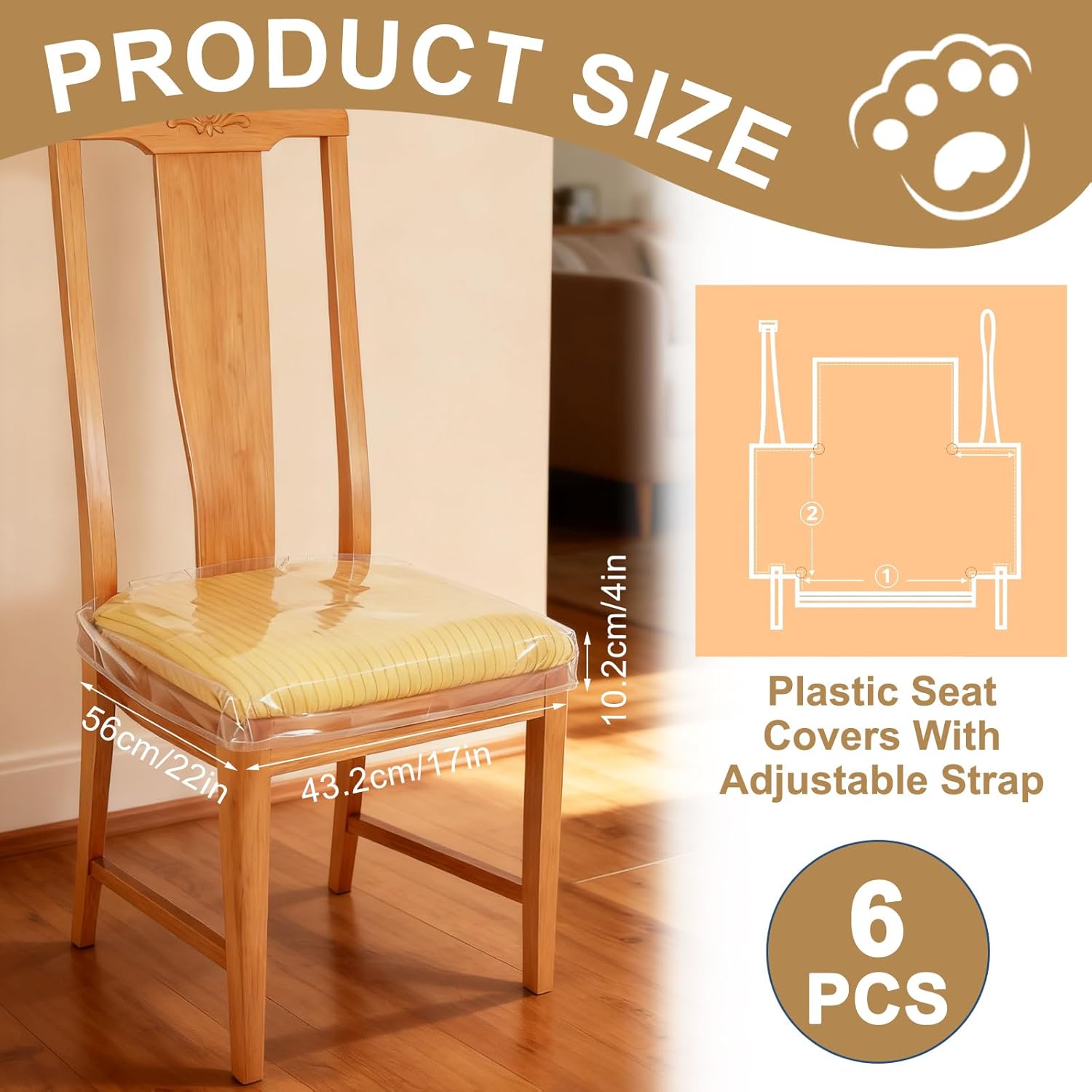6 Pack Plastic Chair Covers for Dining Chair, Clear Chair Seat Cover Plastic Covers, PVC Seat Protector, Waterproof Kitty Scratch Resistant for Most 21"- 23" Chair