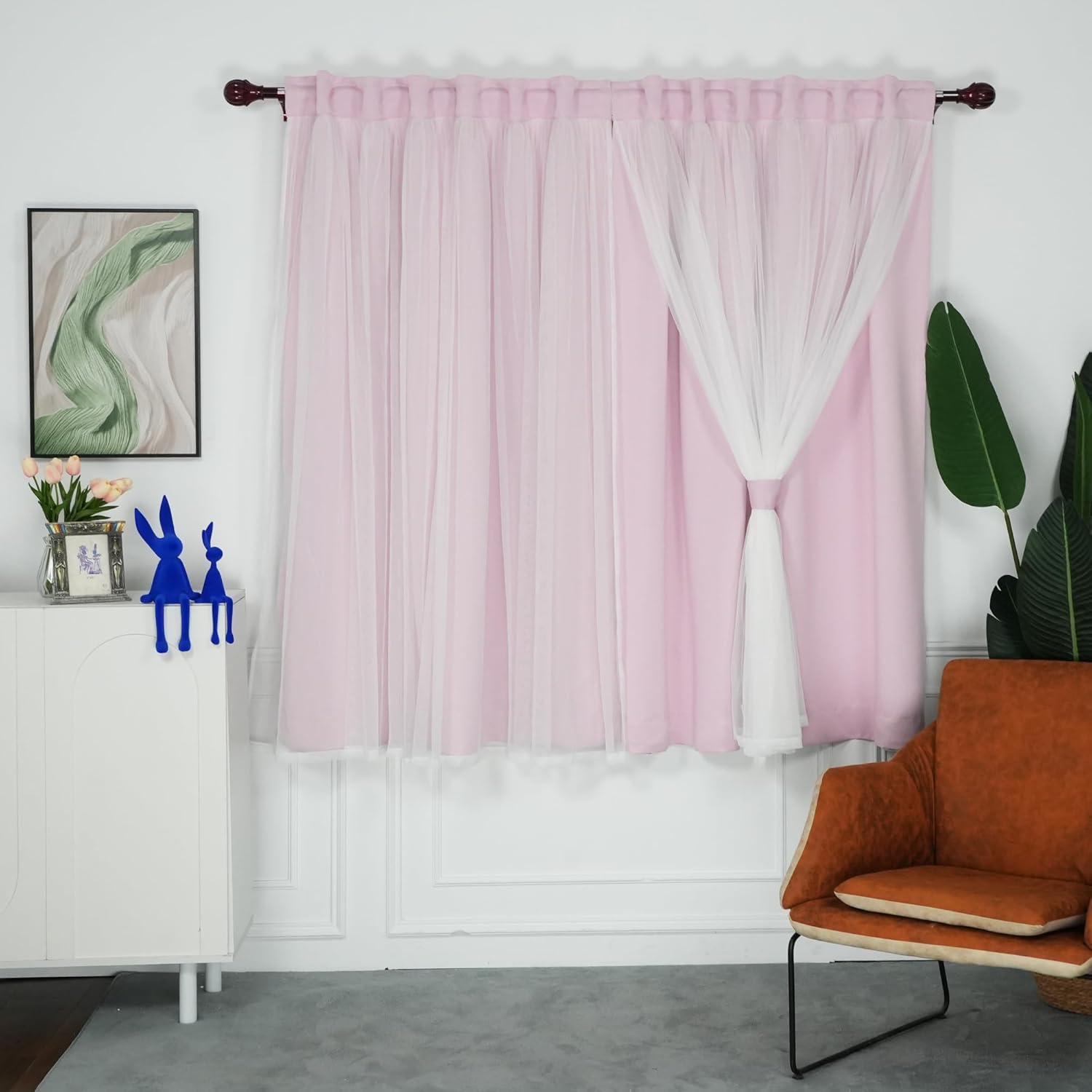 INLINAS Beige Blackout Curtains with Sheer Overlay - Grommet Top Thermal and Noise Reduction Panels for Bedroom and Living Room Light Blocking and Energy Saving, 52 x 84 Inches, Set of 2