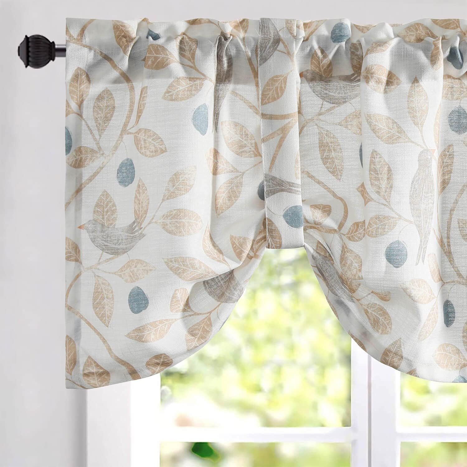 VOGOL Tie-up Valance for Kitchen Windows Tie Up Curtains for Windows Blue Leaf Print Adjustable Balloon Shades Rod Pocket Curtain Panels Valances for Cafe, 52x18, One Piece