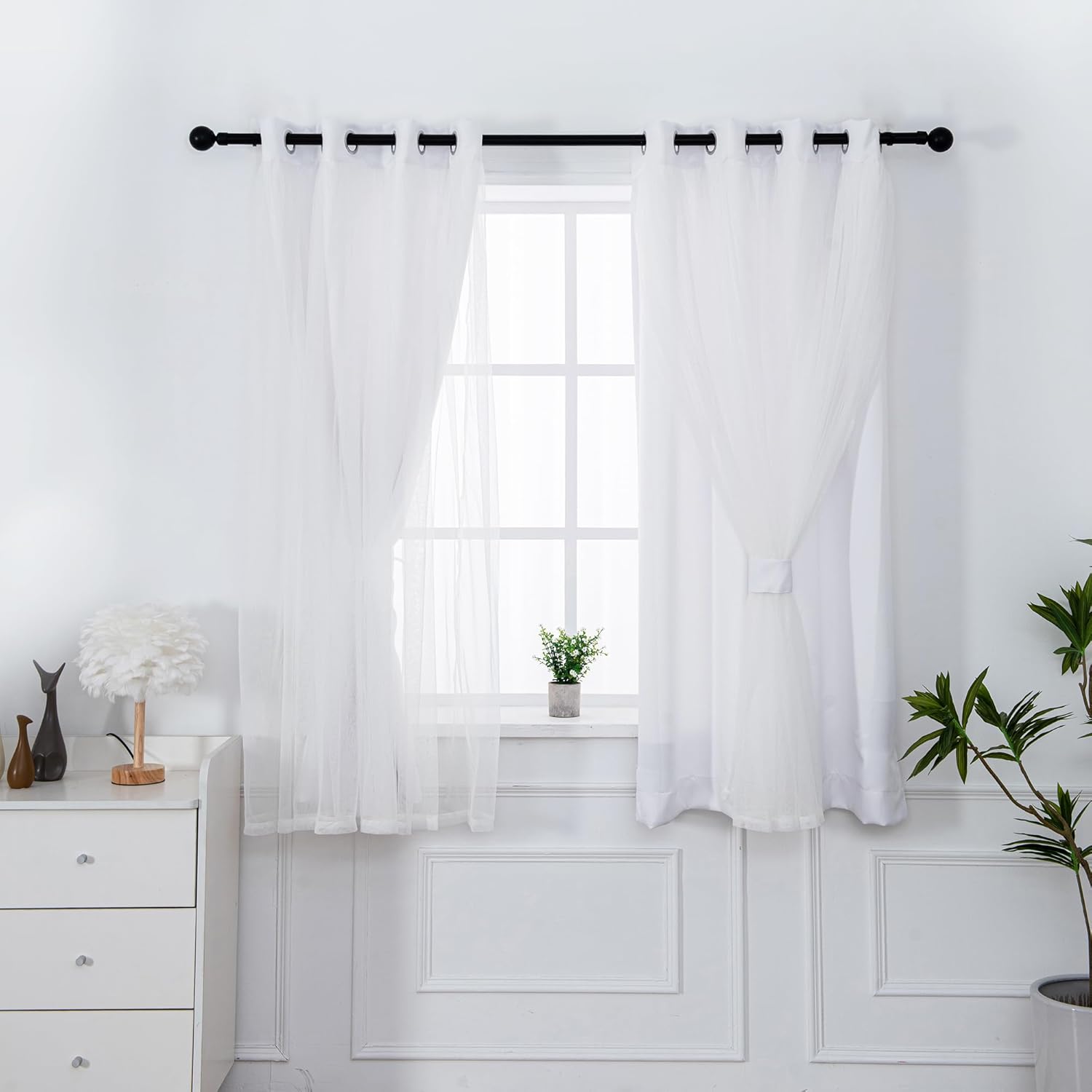 INLINAS Beige Blackout Curtains with Sheer Overlay - Grommet Top Thermal and Noise Reduction Panels for Bedroom and Living Room Light Blocking and Energy Saving, 52 x 84 Inches, Set of 2