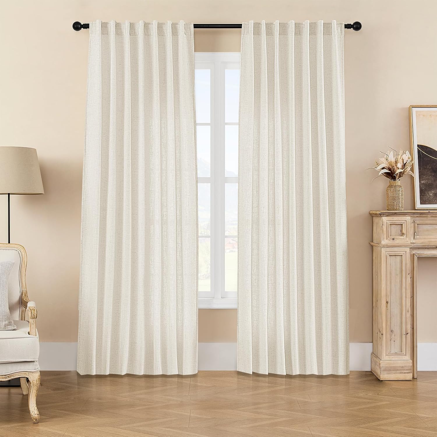 Joydeco Linen Curtains 96 inch Length 2 Panel Set, Light Filtering Curtain for Living Room Bedroom, 52 inch Wide Drapes with Rod Pocket Back Tab (96" Lx52 W, Ivory on Linen)