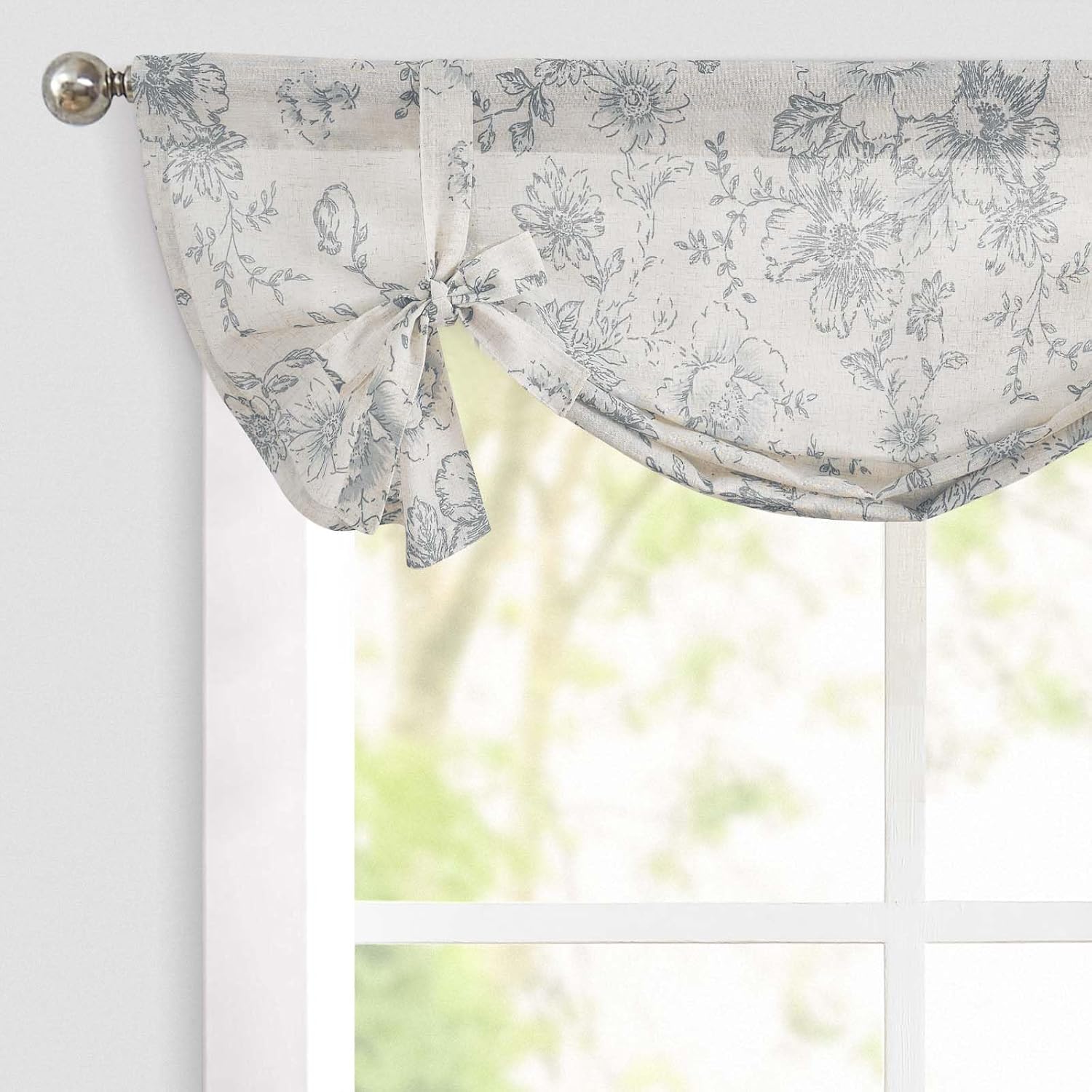 jinchan Tie Up Valance Floral Linen for Windows Farmhouse Valance 45 Inch Peonies Botanical Short Window Treatment Adjustable for Kitchen Living Room Light Filtering 1 Panel Black on Beige