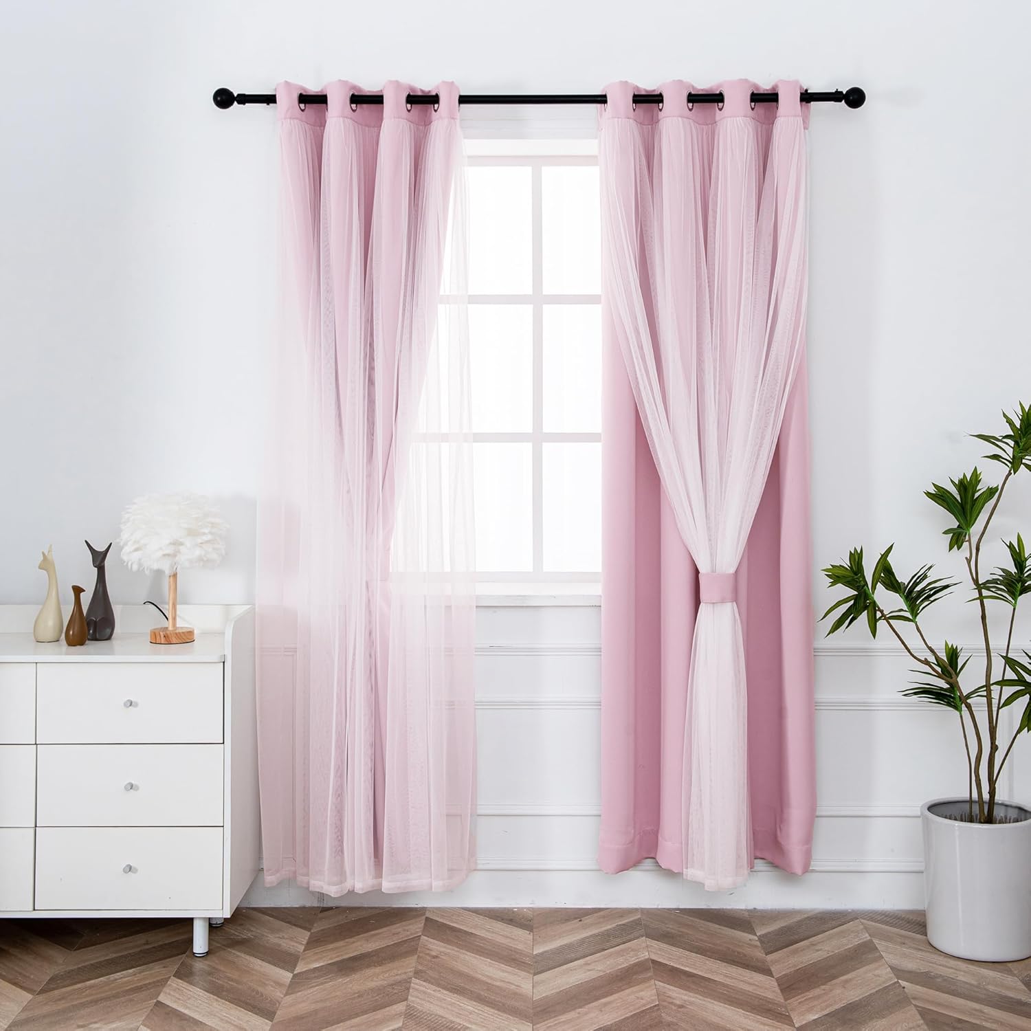 INLINAS Beige Blackout Curtains with Sheer Overlay - Grommet Top Thermal and Noise Reduction Panels for Bedroom and Living Room Light Blocking and Energy Saving, 52 x 84 Inches, Set of 2