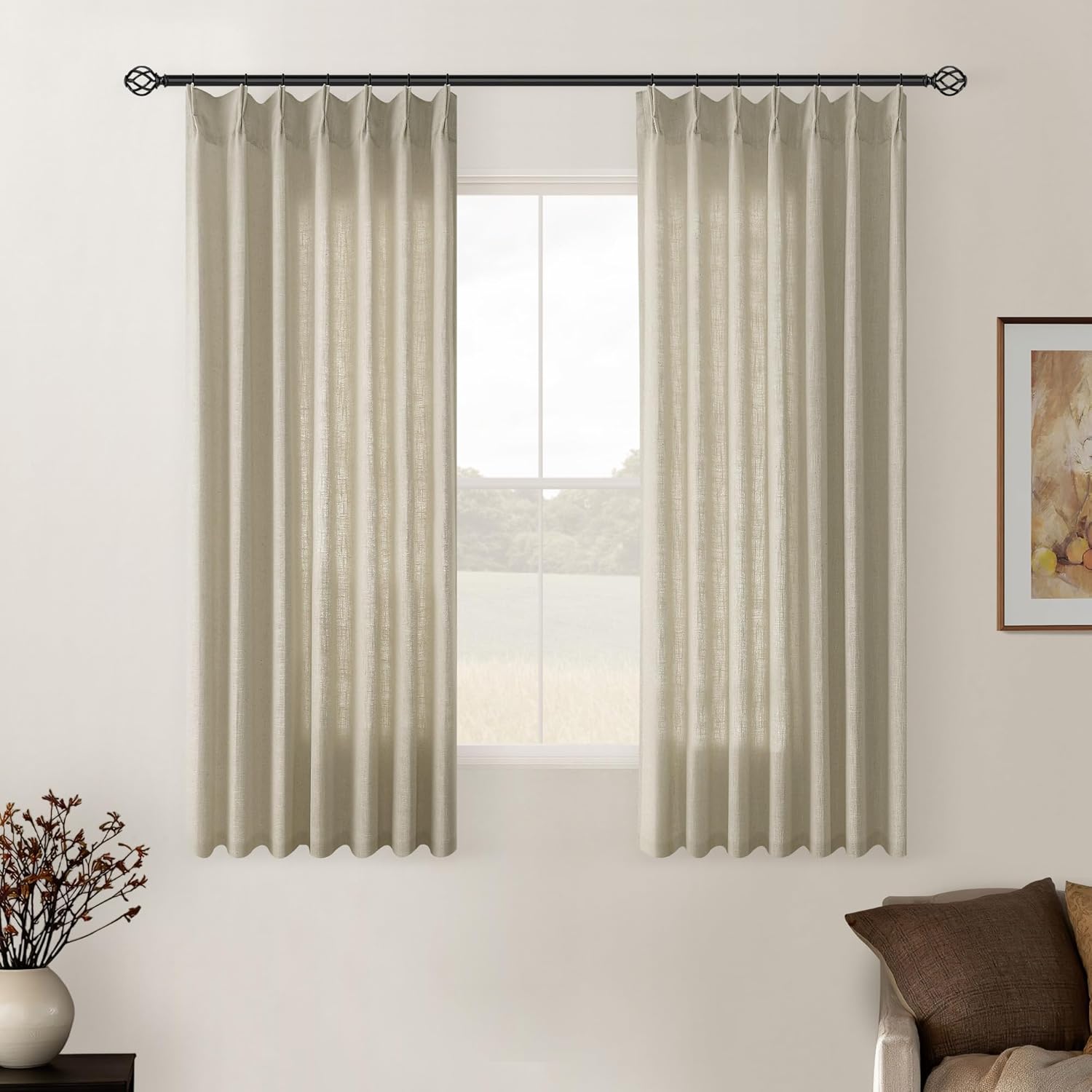 Natural Pinch Pleated Linen Curtains 84 Inch Length 2 Panels for Living Room Bedroom Textured Cream Ivory Birch Semi Sheer Boho Neutral Back Tab Pinch Pleat Hooks Rings Window Curtain 84 Inches Long