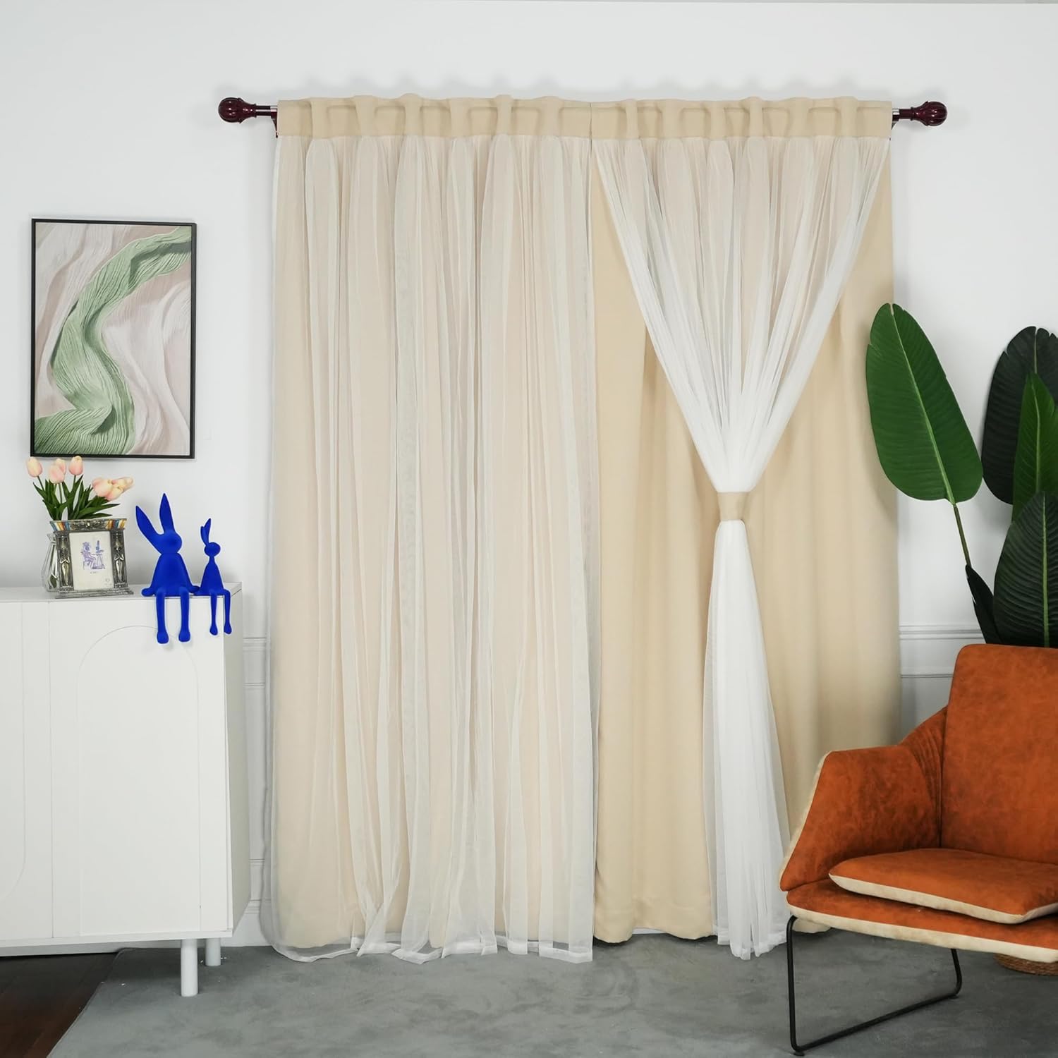 INLINAS Beige Blackout Curtains with Sheer Overlay - Grommet Top Thermal and Noise Reduction Panels for Bedroom and Living Room Light Blocking and Energy Saving, 52 x 84 Inches, Set of 2