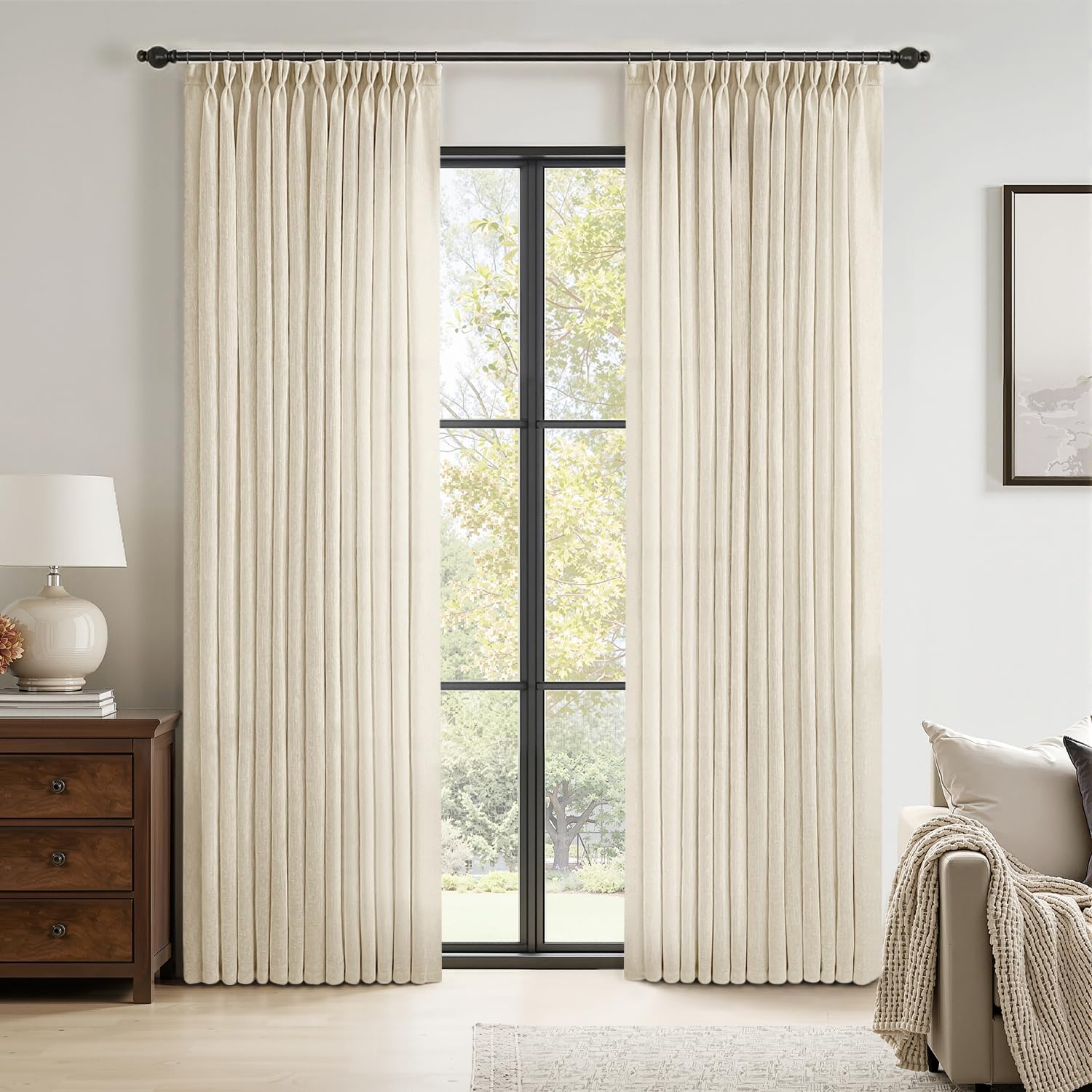 MIULEE 96 Inches Long Pinch Pleated Natural Linen Curtains 2 Panels Set for Bedroom Living Room, Viral Pleat Semi Sheer Drapes Light Filtering Textured Sheer Curtains with Hooks Floor to Ceiling
