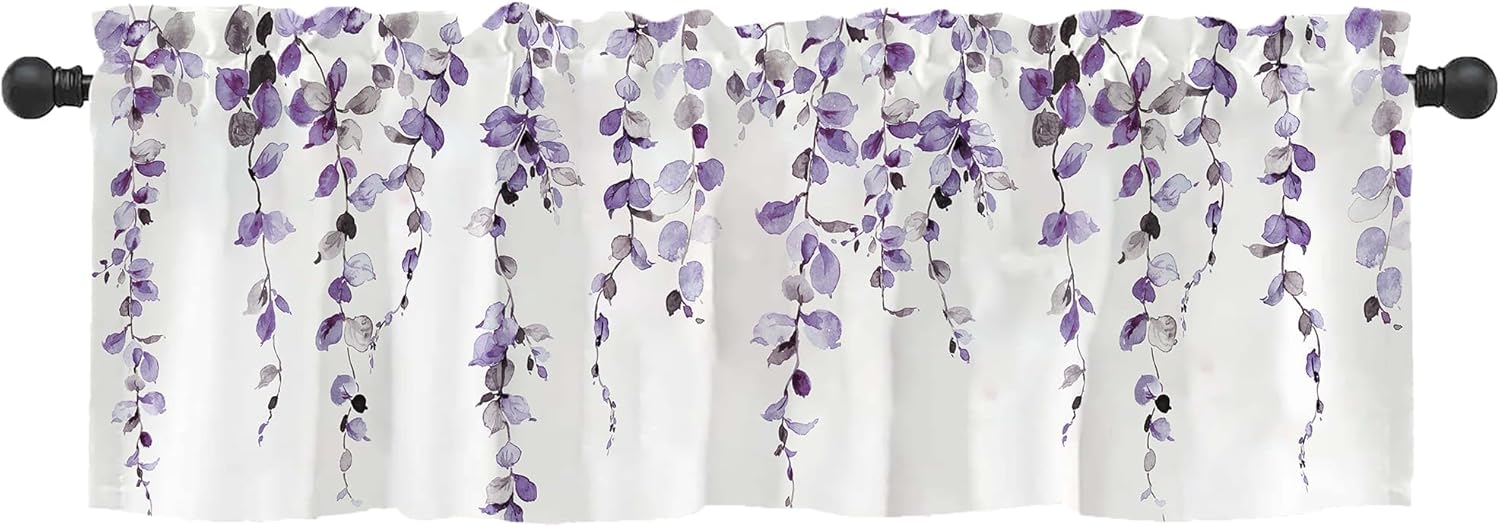 2 Pack Watercolor Blue Leaves Window Valance for Bedroom Living Room, Leaf Vine Plant Curtains Valanes for Windows, 3" Rod Pocket Window Treatment for Season Home Decorations, 54 x 18 Inch, 2 Panel