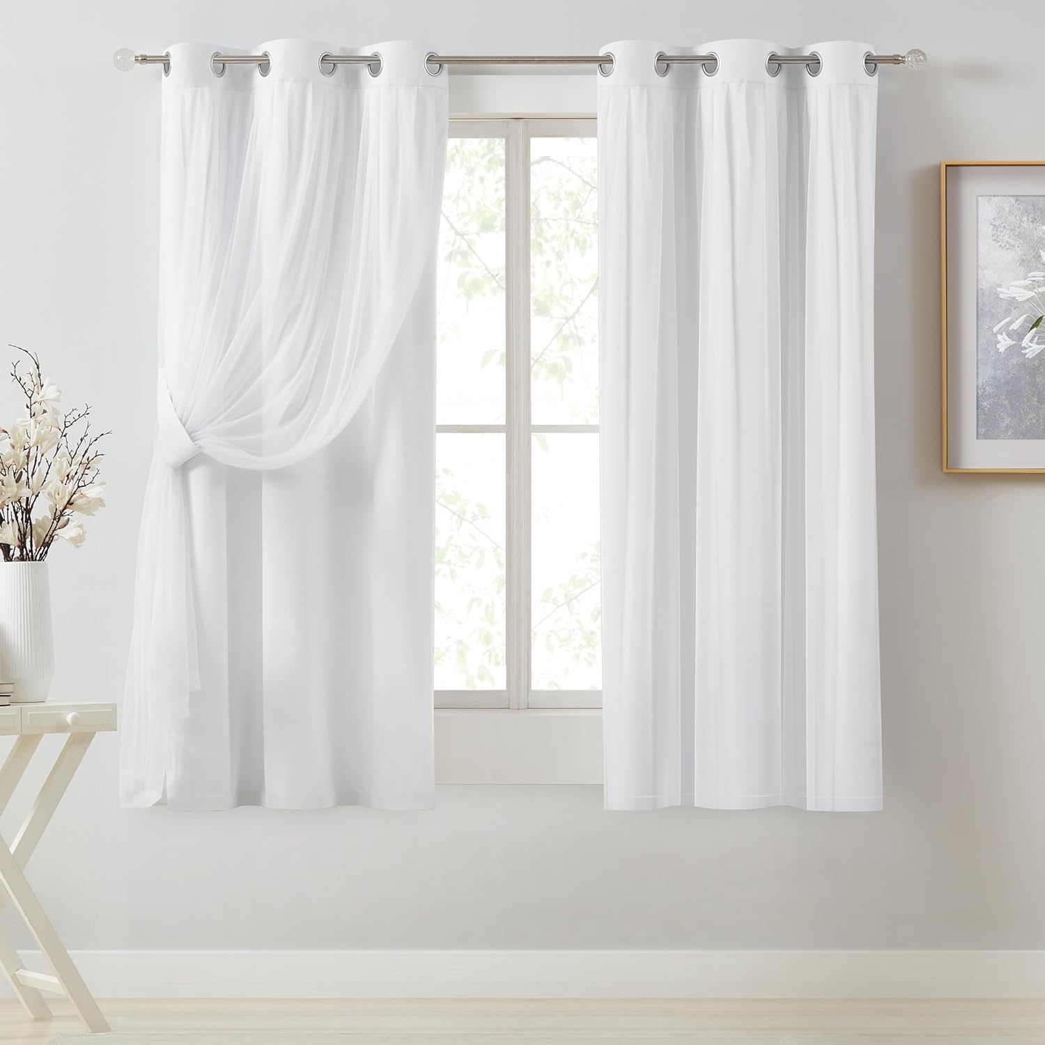 Bujasso Beige 90% Blackout Curtains with Sheer Overlay Mix and Match Double Layer Thermal Insulated Window Panels 84 inch for Living Room Bedroom Beige Drapes with Tiebacks Grommet Top 37" Wx84 Lx2