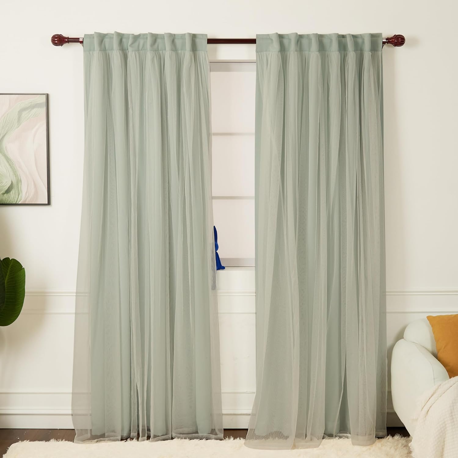 INLINAS Beige Blackout Curtains with Sheer Overlay - Grommet Top Thermal and Noise Reduction Panels for Bedroom and Living Room Light Blocking and Energy Saving, 52 x 84 Inches, Set of 2