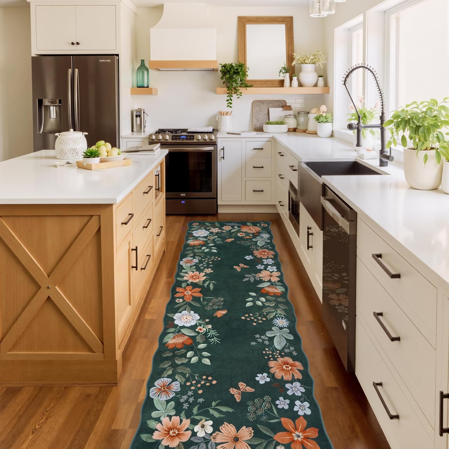 Lahome Floral Washable Rugs 8x10, Non-Slip Soft Green Rug Stain Resistant, Ultra-Thin 8x10 Rugs for Living Room Easy Clean Boho Accent Carpet for Dining Room Office(8x10ft,Green)