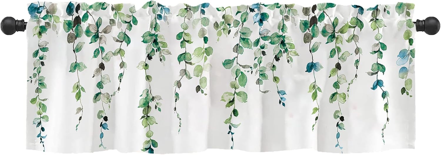 2 Pack Watercolor Blue Leaves Window Valance for Bedroom Living Room, Leaf Vine Plant Curtains Valanes for Windows, 3" Rod Pocket Window Treatment for Season Home Decorations, 54 x 18 Inch, 2 Panel