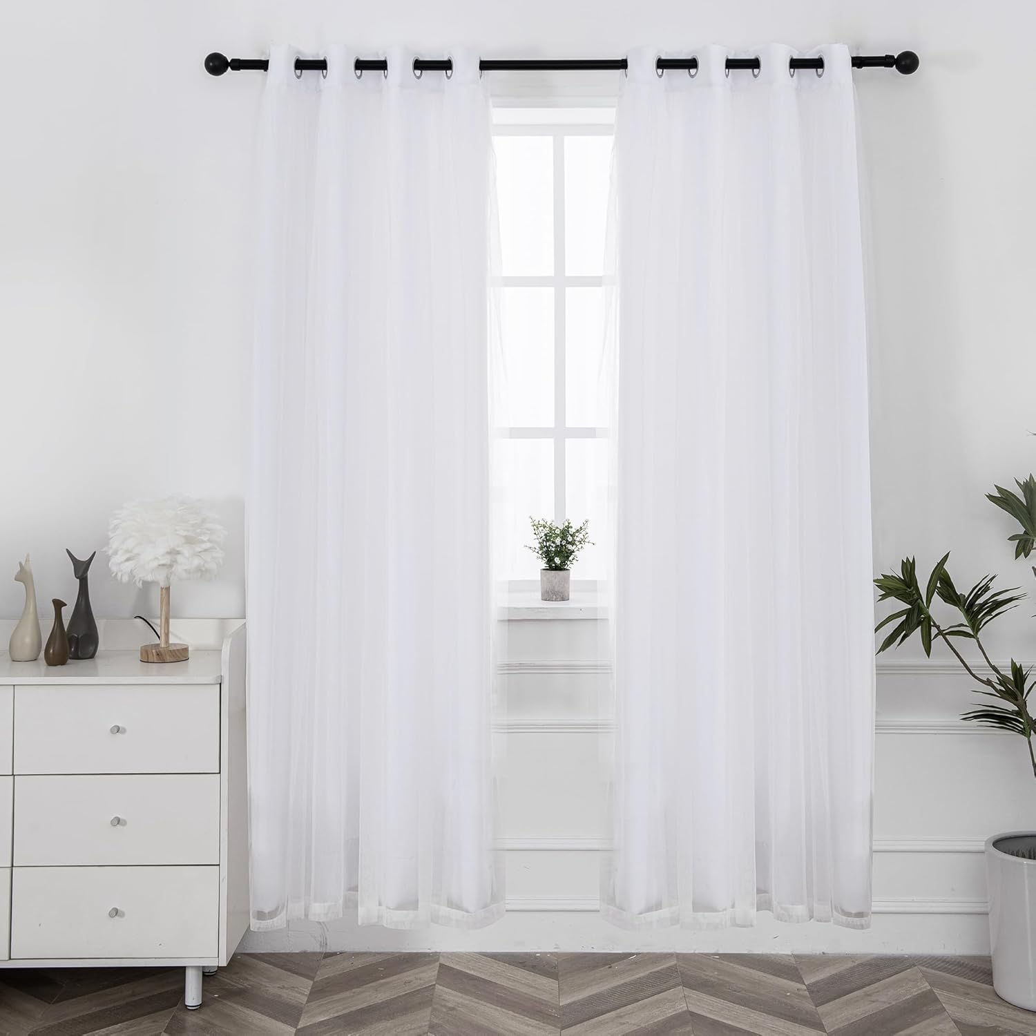 INLINAS Beige Blackout Curtains with Sheer Overlay - Grommet Top Thermal and Noise Reduction Panels for Bedroom and Living Room Light Blocking and Energy Saving, 52 x 84 Inches, Set of 2