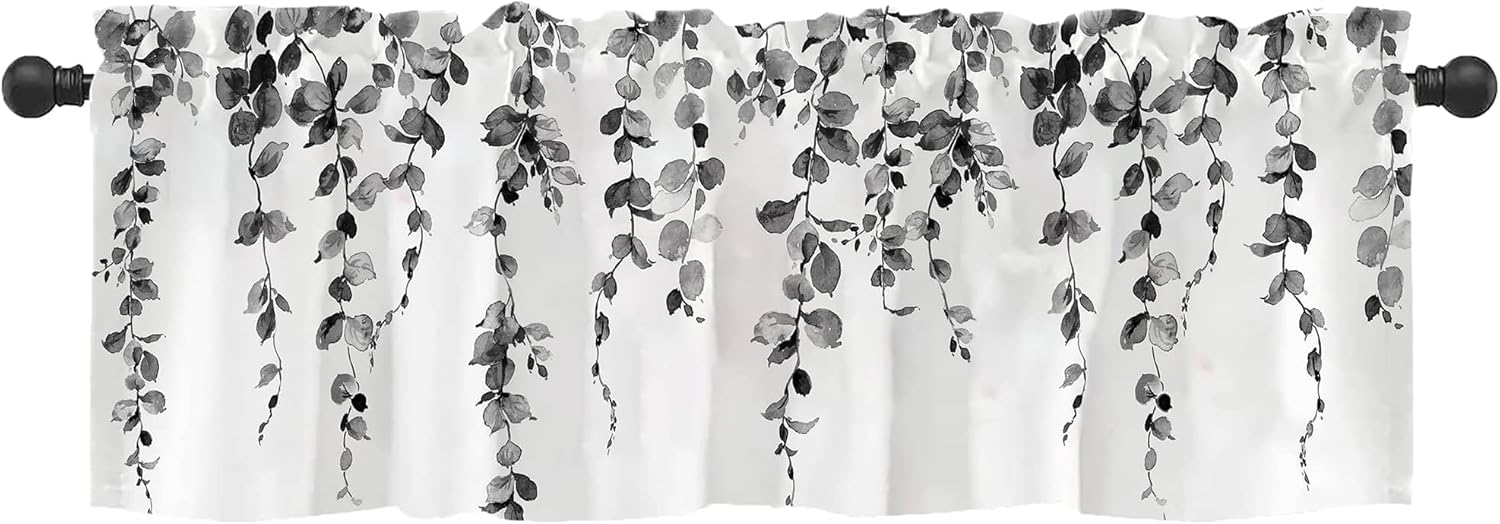 2 Pack Watercolor Blue Leaves Window Valance for Bedroom Living Room, Leaf Vine Plant Curtains Valanes for Windows, 3" Rod Pocket Window Treatment for Season Home Decorations, 54 x 18 Inch, 2 Panel