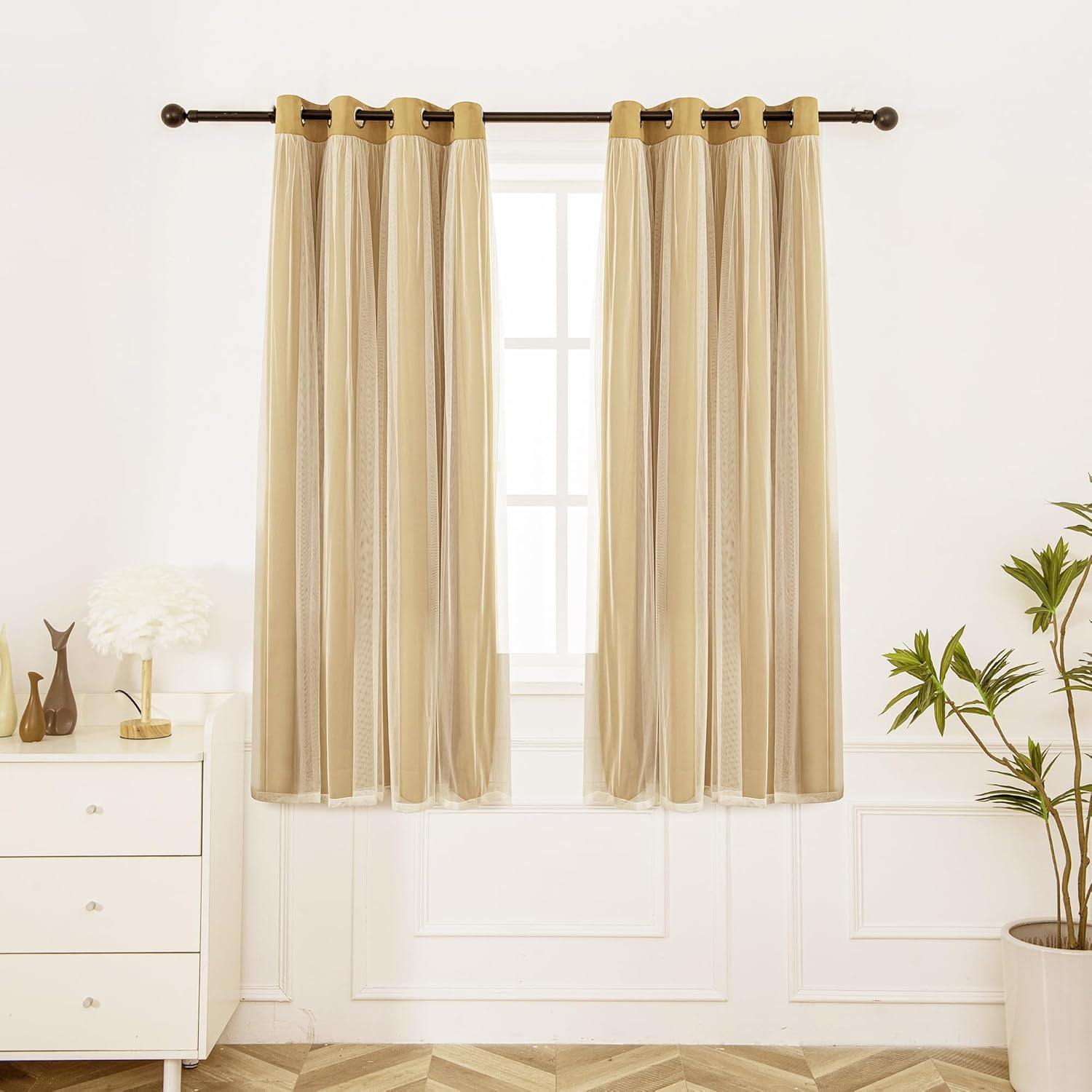 INLINAS Beige Blackout Curtains with Sheer Overlay - Grommet Top Thermal and Noise Reduction Panels for Bedroom and Living Room Light Blocking and Energy Saving, 52 x 84 Inches, Set of 2