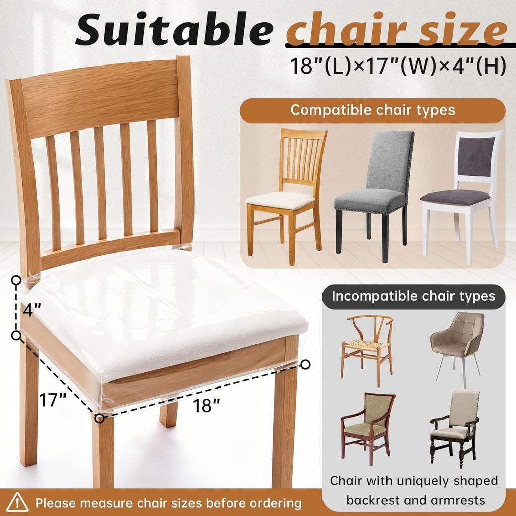 Zipcase 6 Pack Stain, Water and Kitty Scratch Resistant Clear Dining Chair Covers/Slipcovers Chair Protector Waterproof PVC Material, 17”D x 18”W x 4”H with Adjustable Belt Strap, Set of 6