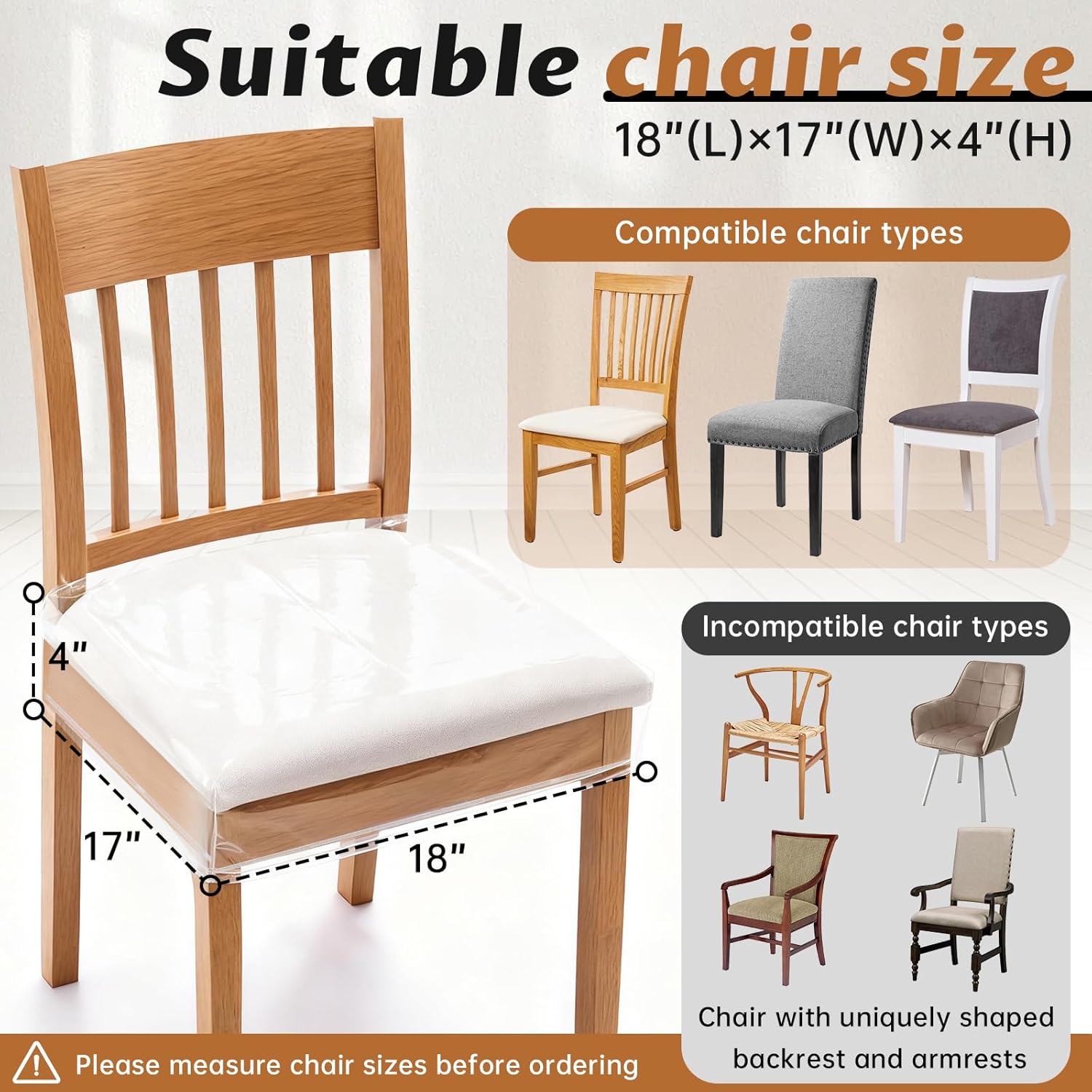 Zipcase 6 Pack Stain, Water and Kitty Scratch Resistant Clear Dining Chair Covers/Slipcovers Chair Protector Waterproof PVC Material, 17”D x 18”W x 4”H with Adjustable Belt Strap, Set of 6