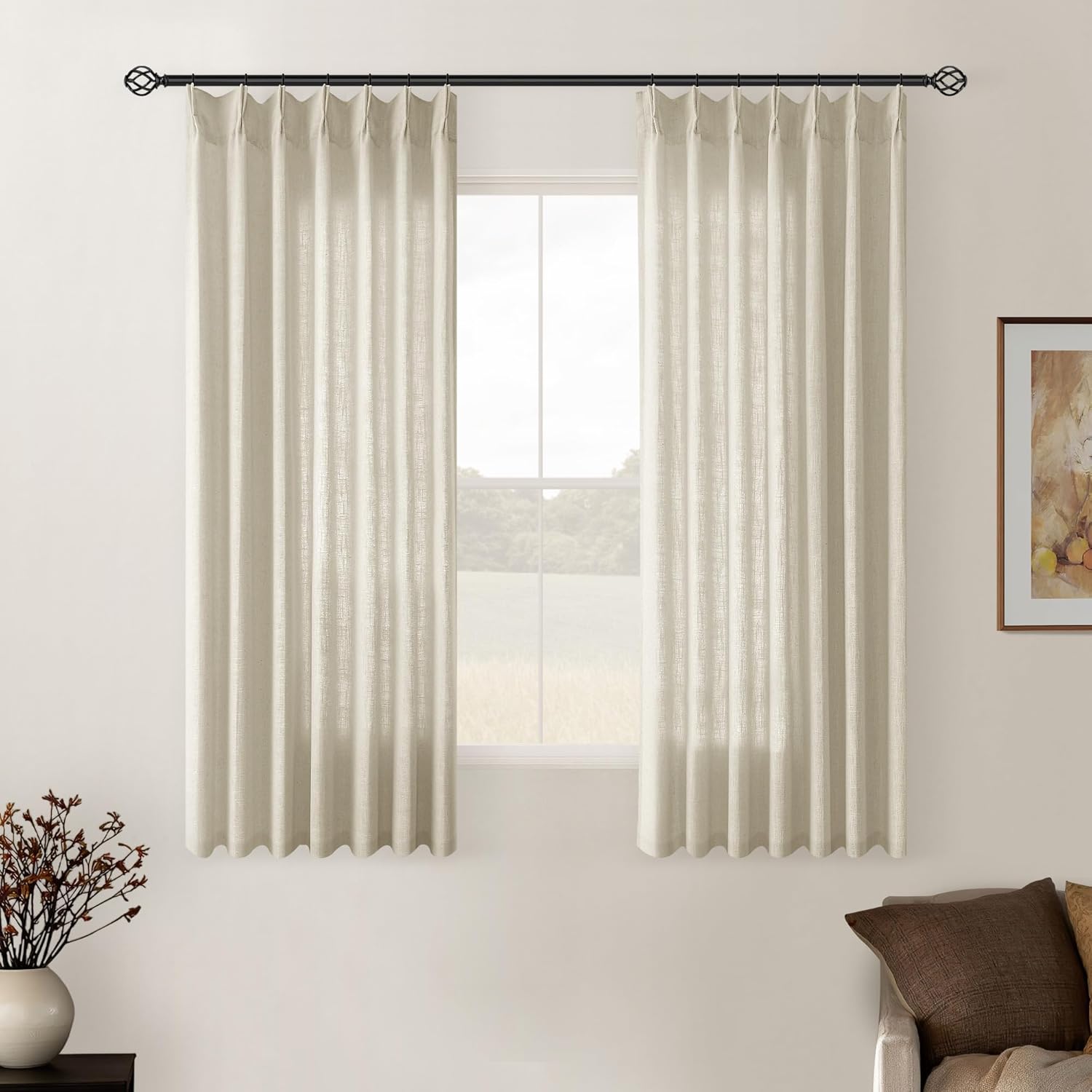 Natural Pinch Pleated Linen Curtains 84 Inch Length 2 Panels for Living Room Bedroom Textured Cream Ivory Birch Semi Sheer Boho Neutral Back Tab Pinch Pleat Hooks Rings Window Curtain 84 Inches Long