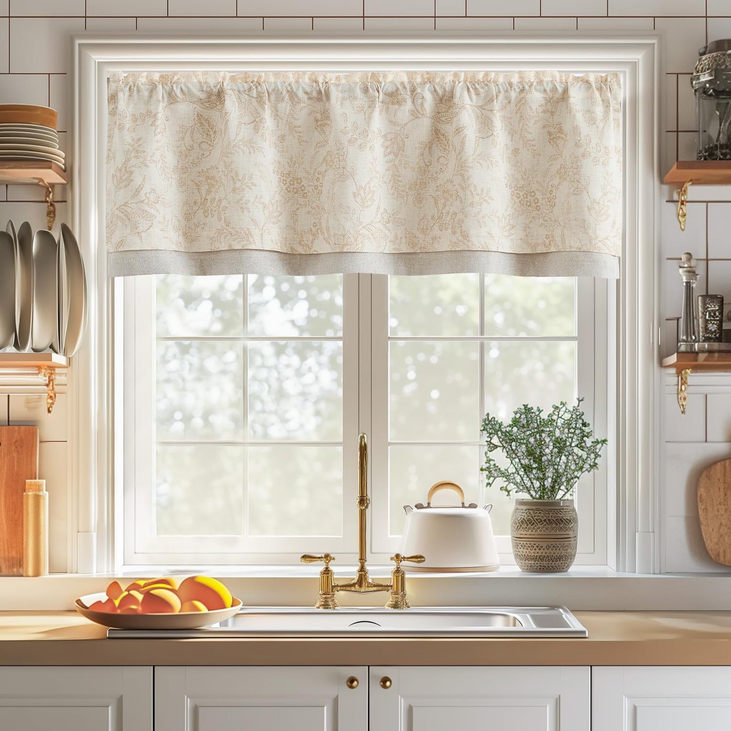 jinchan Linen Valance Kitchen Curtain for Windows Double Layer 16 Inch for Living Room Bedroom Christmas Decorations Blackout Vintage Rustic Farmhouse Cottagecore Rod Pocket 1 Panel Green on Beige