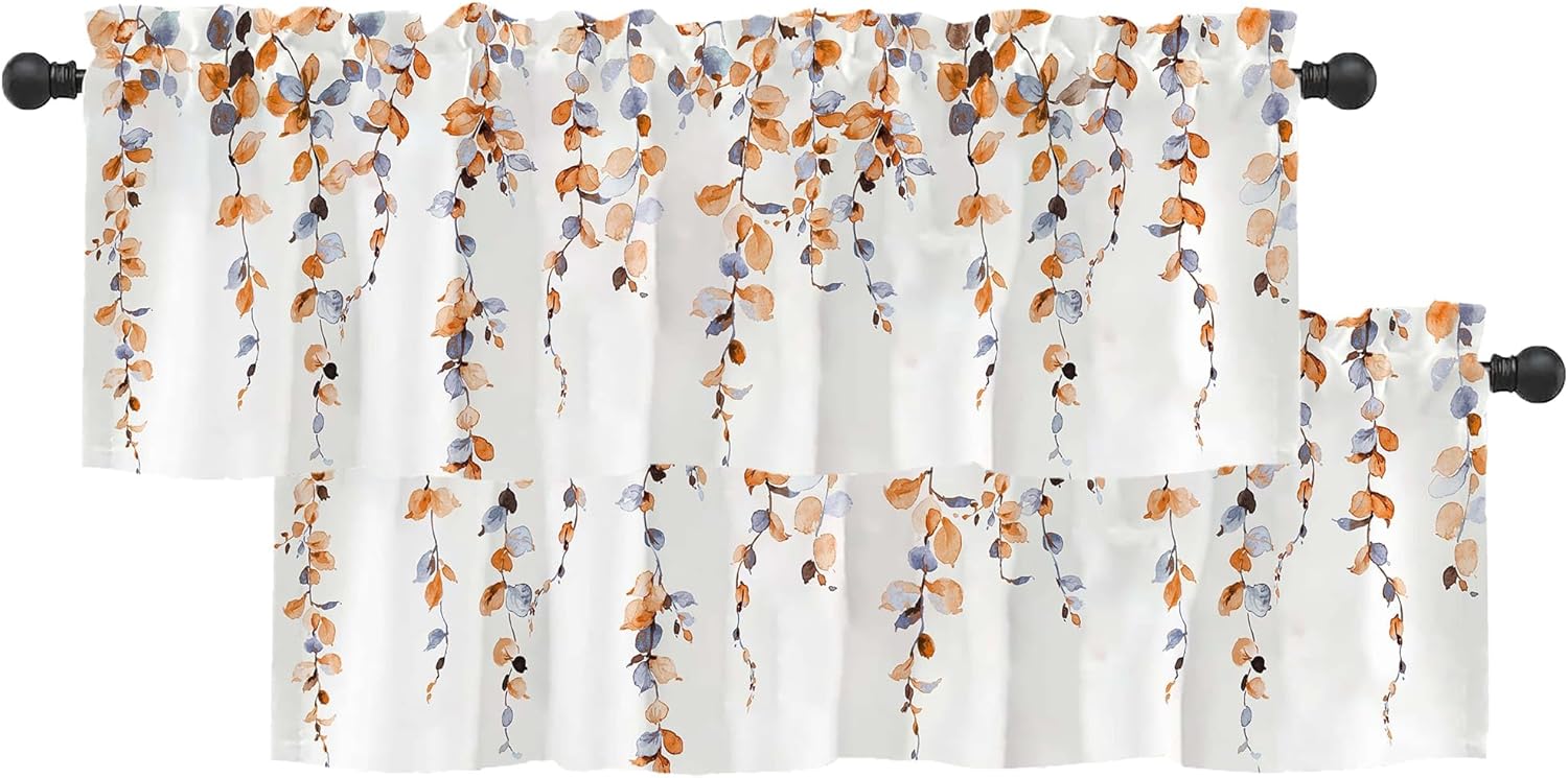 2 Pack Watercolor Blue Leaves Window Valance for Bedroom Living Room, Leaf Vine Plant Curtains Valanes for Windows, 3" Rod Pocket Window Treatment for Season Home Decorations, 54 x 18 Inch, 2 Panel