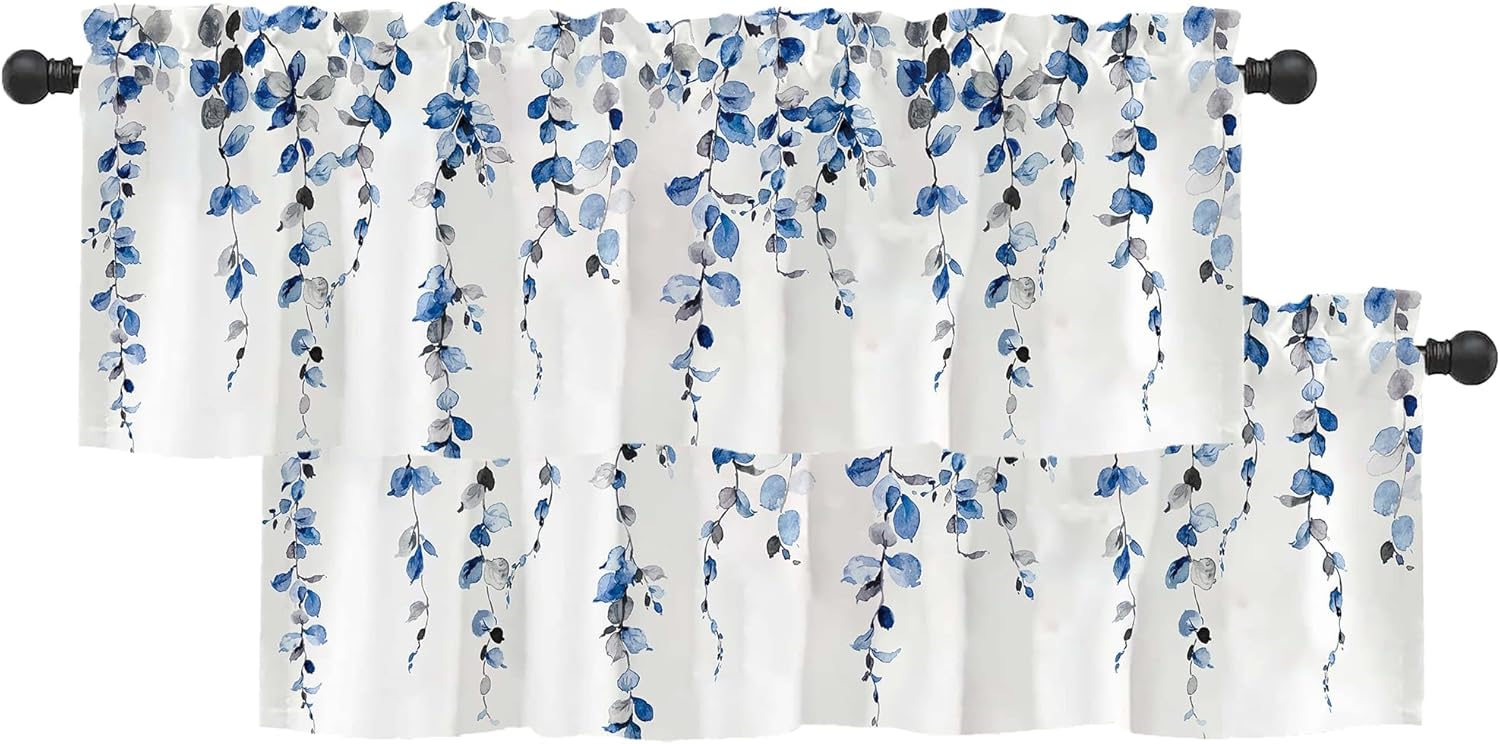 2 Pack Watercolor Blue Leaves Window Valance for Bedroom Living Room, Leaf Vine Plant Curtains Valanes for Windows, 3" Rod Pocket Window Treatment for Season Home Decorations, 54 x 18 Inch, 2 Panel