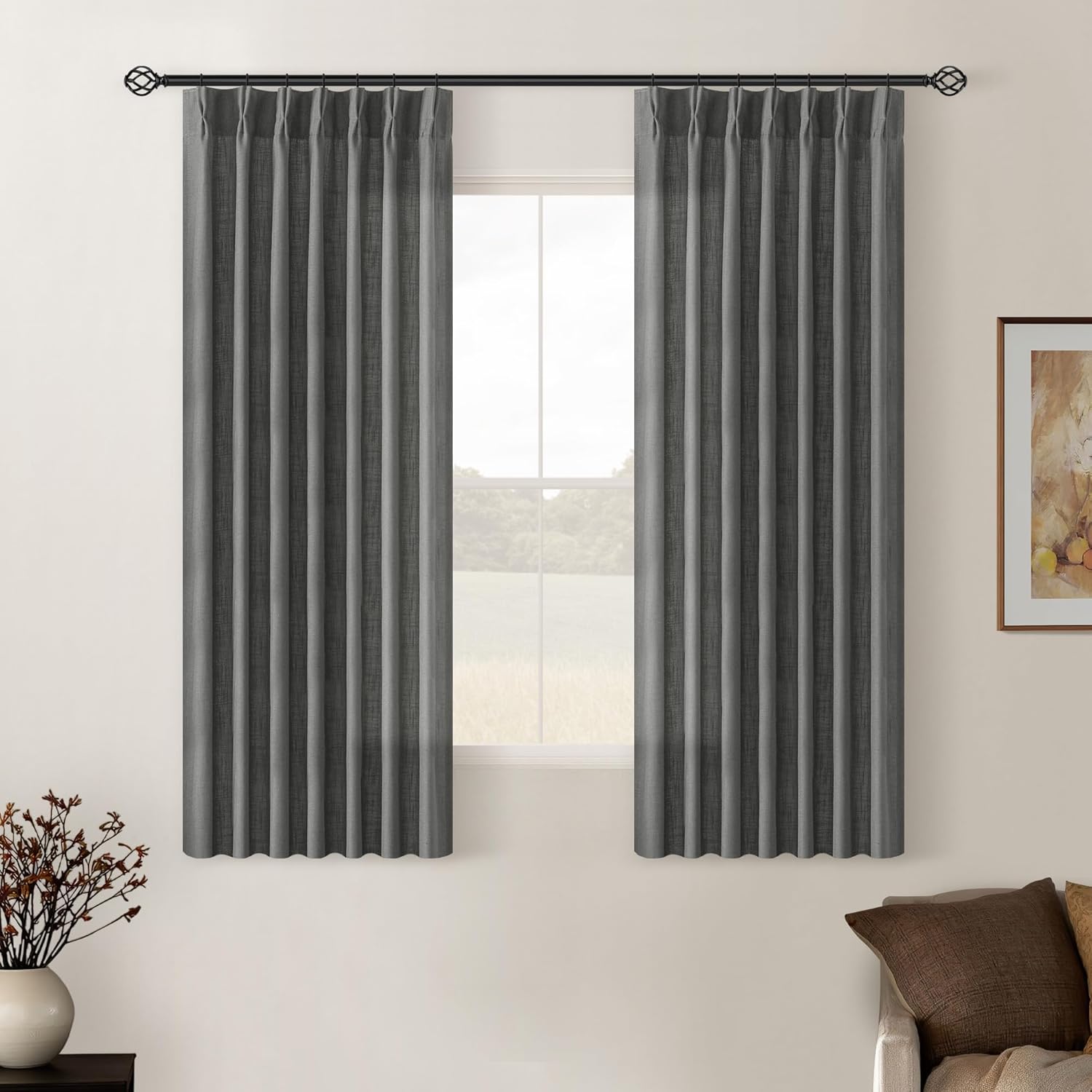 Natural Pinch Pleated Linen Curtains 84 Inch Length 2 Panels for Living Room Bedroom Textured Cream Ivory Birch Semi Sheer Boho Neutral Back Tab Pinch Pleat Hooks Rings Window Curtain 84 Inches Long