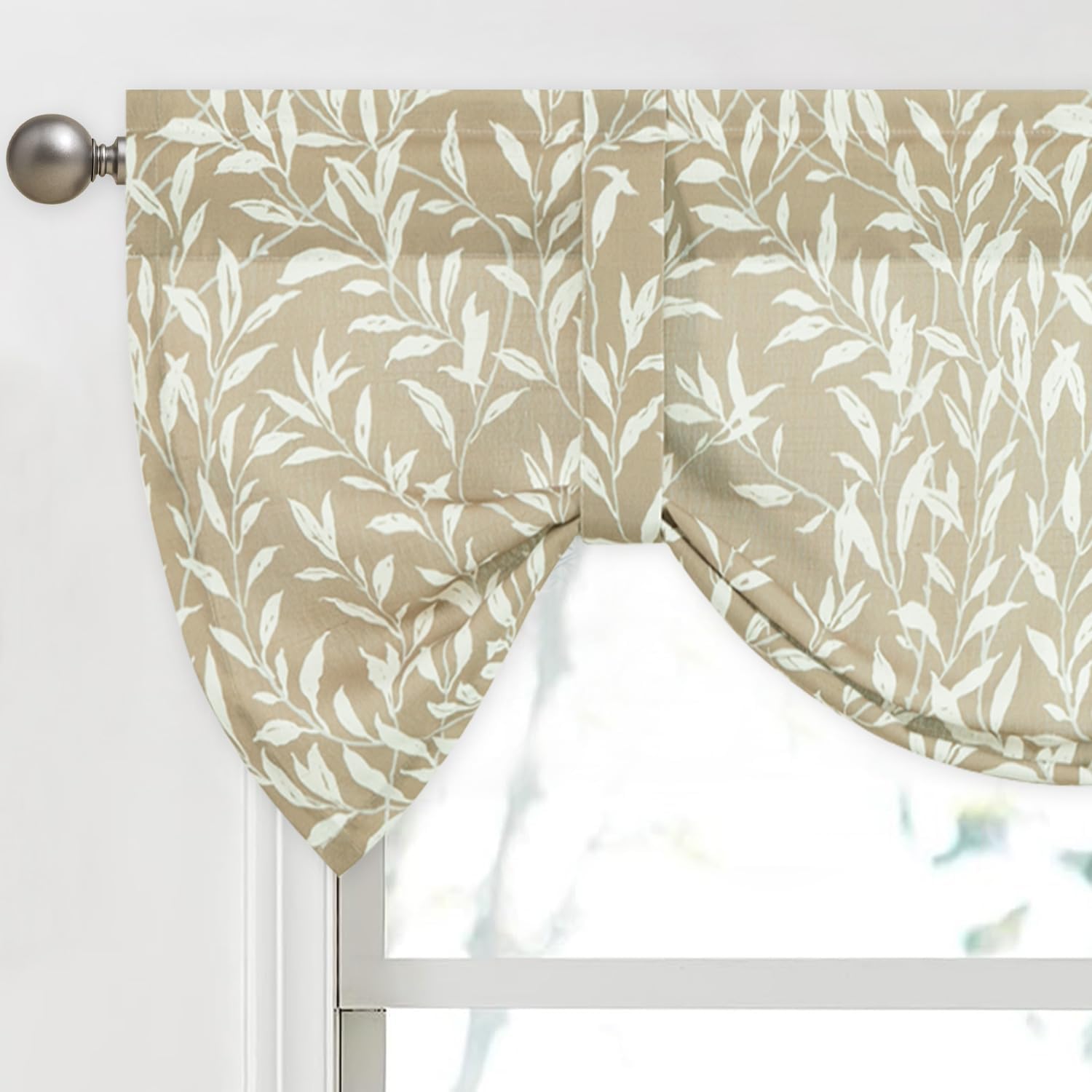 VOGOL Tie-up Valance for Kitchen Windows Tie Up Curtains for Windows Blue Leaf Print Adjustable Balloon Shades Rod Pocket Curtain Panels Valances for Cafe, 52x18, One Piece