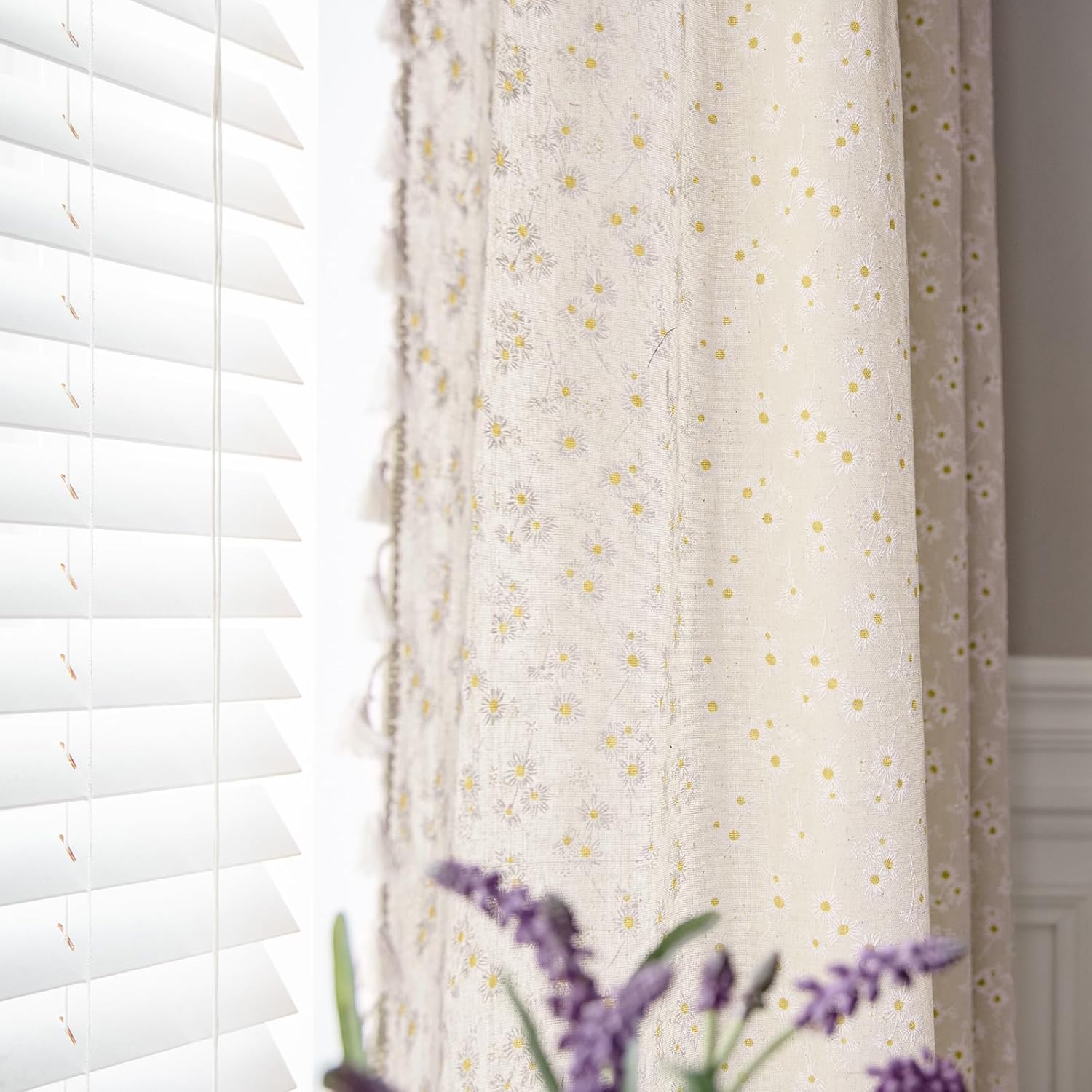 ENJOYBRIDAL Floral Bedroom Curtains 84 Inch Length 2 Panels Set Farmhouse Semi Sheer Living Room Drapes Cotton Linen Blend Bohemian Window Curtain Panels with Tassel Beige Rod Pocket Drapes