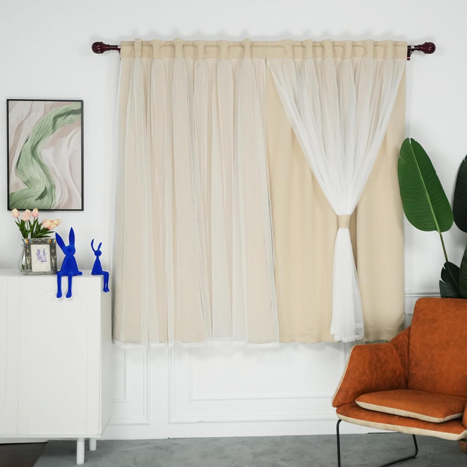 INLINAS Beige Blackout Curtains with Sheer Overlay - Grommet Top Thermal and Noise Reduction Panels for Bedroom and Living Room Light Blocking and Energy Saving, 52 x 84 Inches, Set of 2