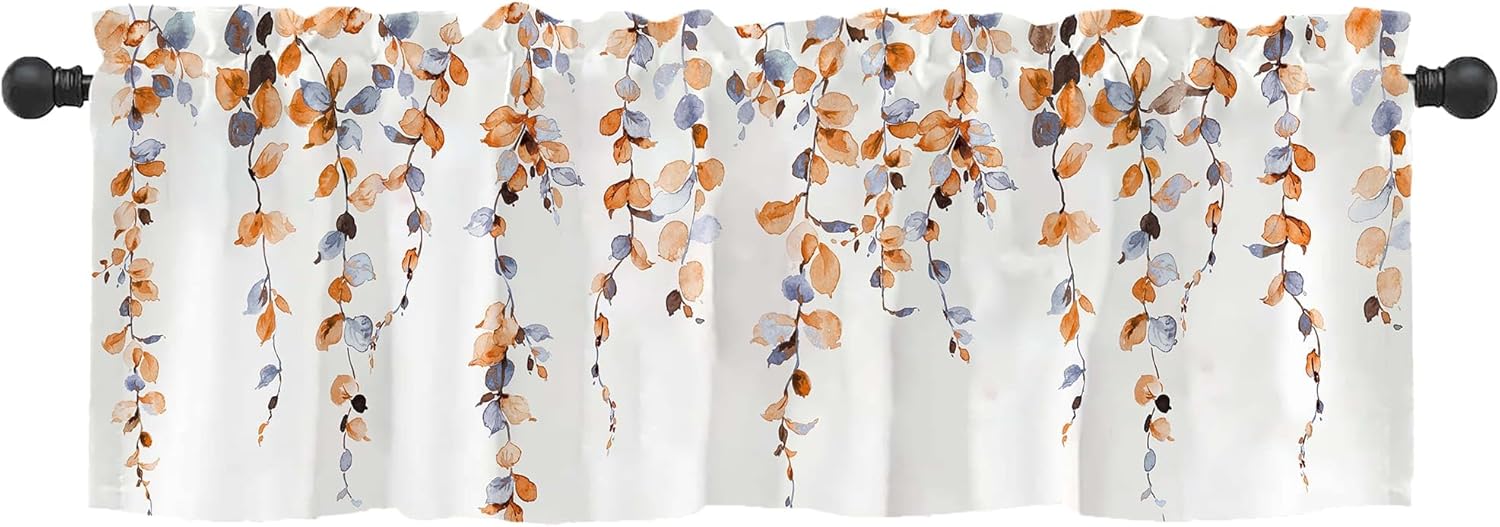 2 Pack Watercolor Blue Leaves Window Valance for Bedroom Living Room, Leaf Vine Plant Curtains Valanes for Windows, 3" Rod Pocket Window Treatment for Season Home Decorations, 54 x 18 Inch, 2 Panel