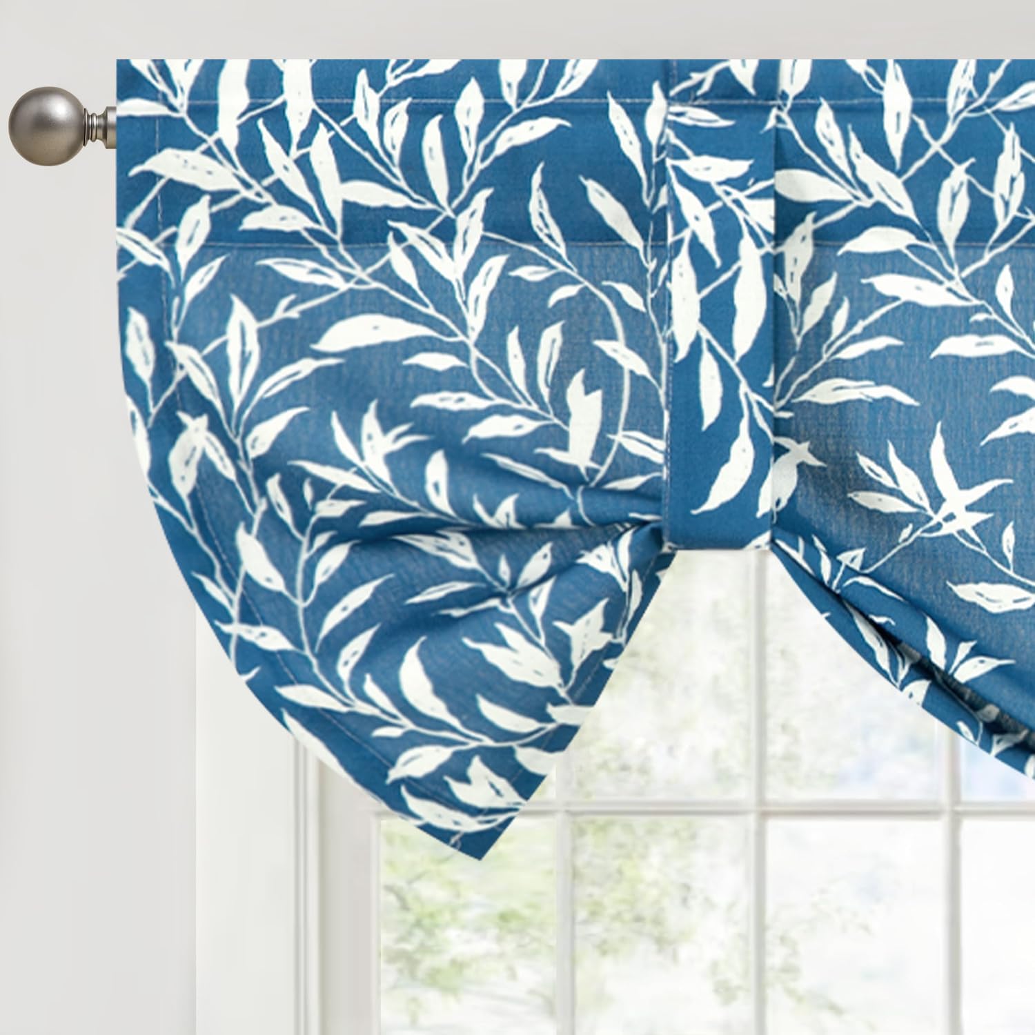 VOGOL Tie-up Valance for Kitchen Windows Tie Up Curtains for Windows Blue Leaf Print Adjustable Balloon Shades Rod Pocket Curtain Panels Valances for Cafe, 52x18, One Piece