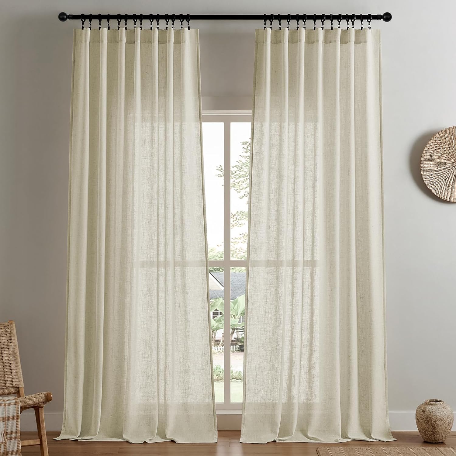 Joydeco Linen Curtains 96 inch Length 2 Panel Set, Light Filtering Curtain for Living Room Bedroom, 52 inch Wide Drapes with Rod Pocket Back Tab (96" Lx52 W, Ivory on Linen)