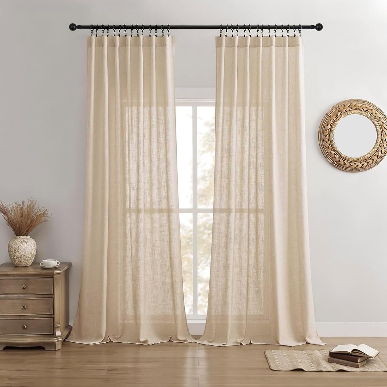 Joydeco Linen Curtains 96 inch Length 2 Panel Set, Light Filtering Curtain for Living Room Bedroom, 52 inch Wide Drapes with Rod Pocket Back Tab (96" Lx52 W, Ivory on Linen)