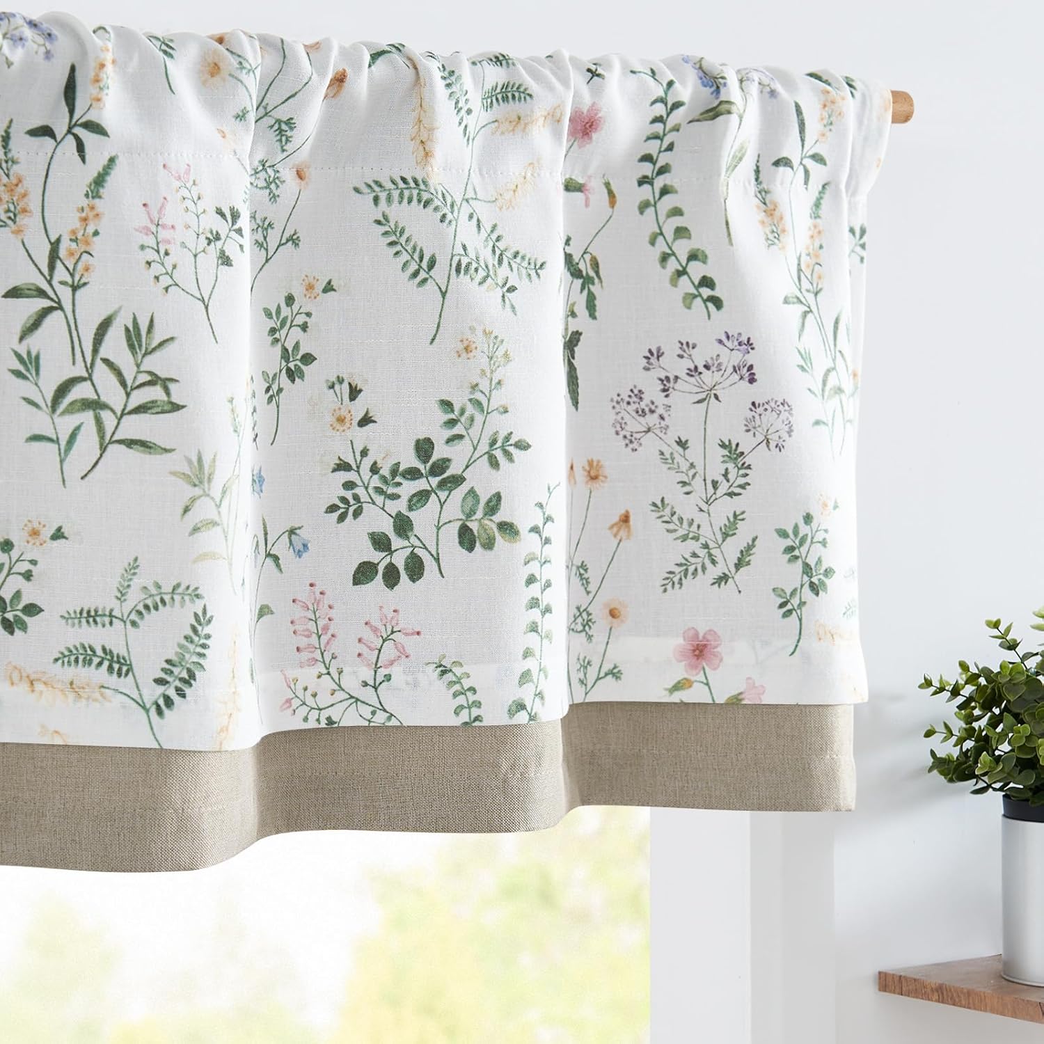 jinchan Linen Valance Kitchen Curtain for Windows Double Layer 16 Inch for Living Room Bedroom Christmas Decorations Blackout Vintage Rustic Farmhouse Cottagecore Rod Pocket 1 Panel Green on Beige