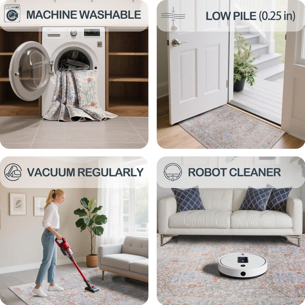 Vintage Beige Blue Living Room Rug, 8x10 Washable Area Rugs for Dining Room Under Table, Soft Low Pile Large Carpet Bedroom, Non-Slip Boho Floral (8 x 10 Beige Blue)