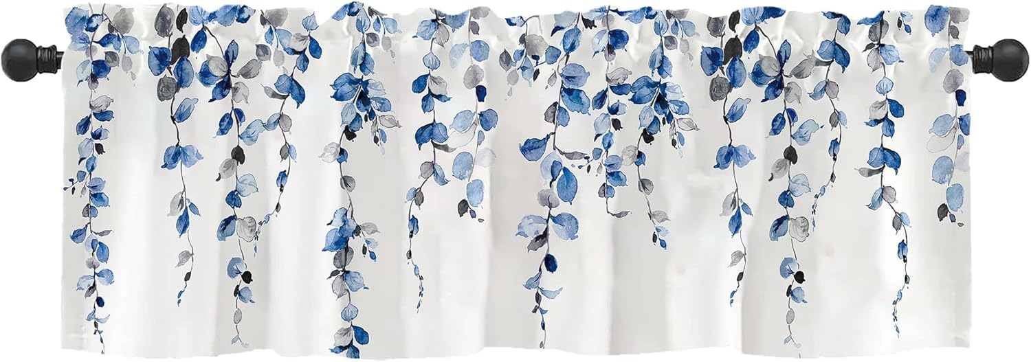 2 Pack Watercolor Blue Leaves Window Valance for Bedroom Living Room, Leaf Vine Plant Curtains Valanes for Windows, 3" Rod Pocket Window Treatment for Season Home Decorations, 54 x 18 Inch, 2 Panel