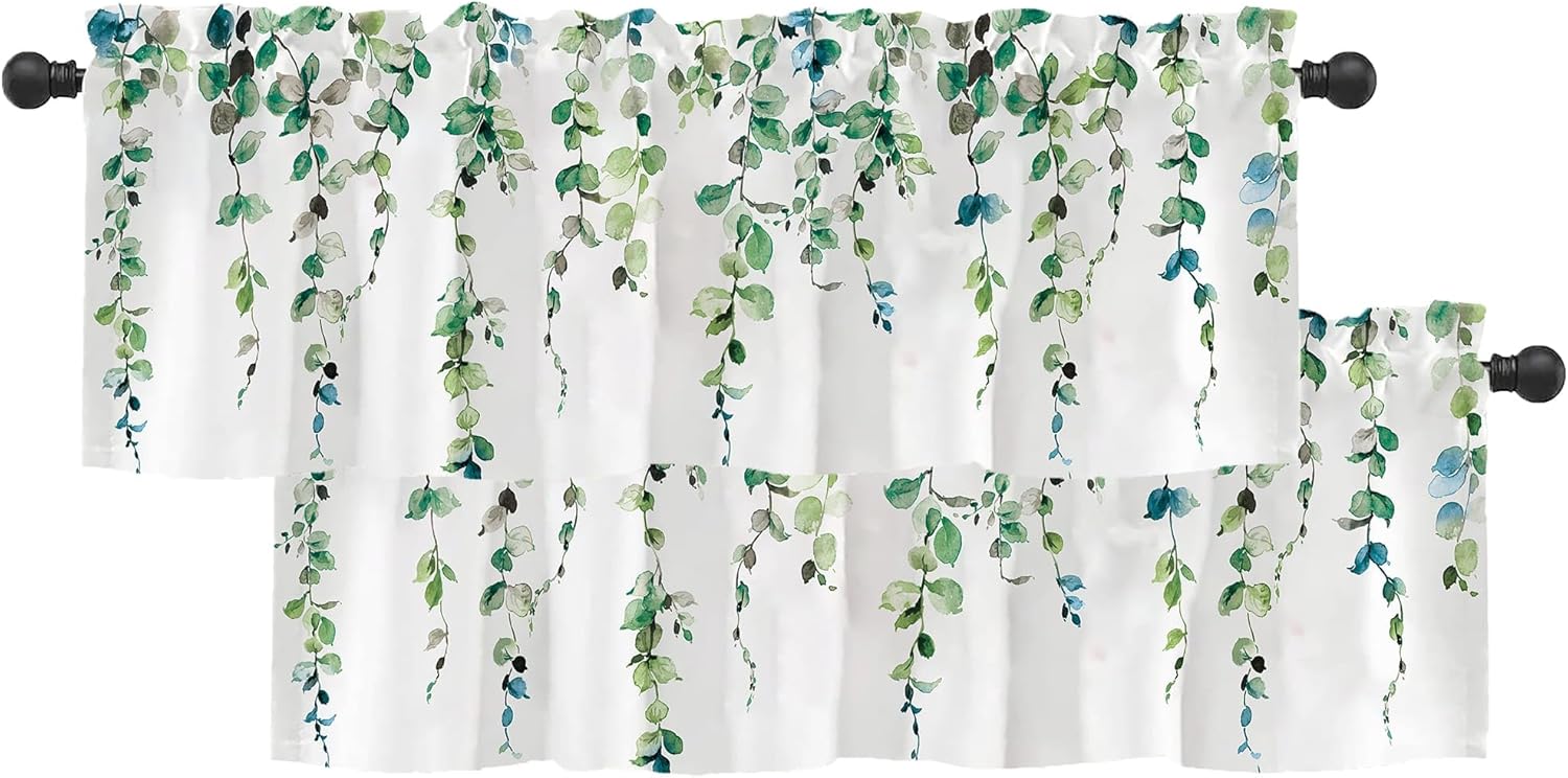 2 Pack Watercolor Blue Leaves Window Valance for Bedroom Living Room, Leaf Vine Plant Curtains Valanes for Windows, 3" Rod Pocket Window Treatment for Season Home Decorations, 54 x 18 Inch, 2 Panel