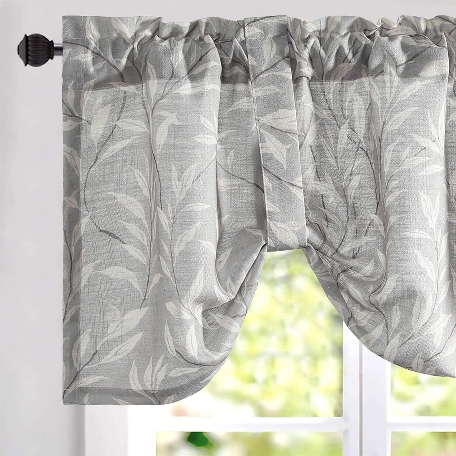 VOGOL Tie-up Valance for Kitchen Windows Tie Up Curtains for Windows Blue Leaf Print Adjustable Balloon Shades Rod Pocket Curtain Panels Valances for Cafe, 52x18, One Piece