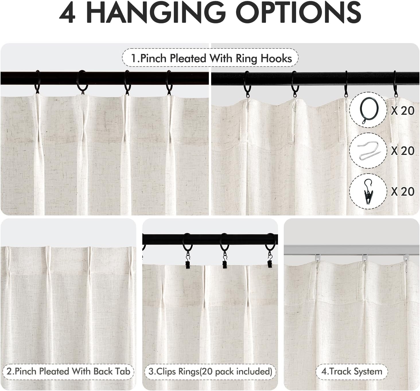 MIULEE 96 Inches Long Pinch Pleated Natural Linen Curtains 2 Panels Set for Bedroom Living Room, Viral Pleat Semi Sheer Drapes Light Filtering Textured Sheer Curtains with Hooks Floor to Ceiling