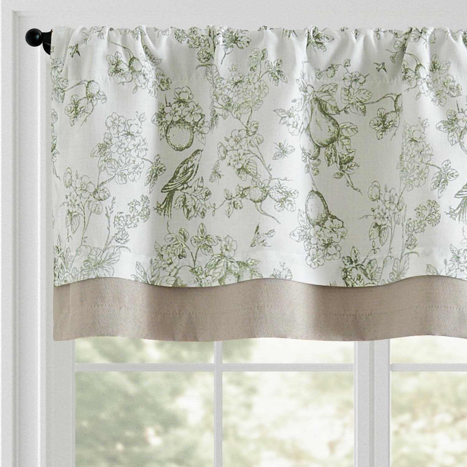 jinchan Linen Valance Kitchen Curtain for Windows Double Layer 16 Inch for Living Room Bedroom Christmas Decorations Blackout Vintage Rustic Farmhouse Cottagecore Rod Pocket 1 Panel Green on Beige